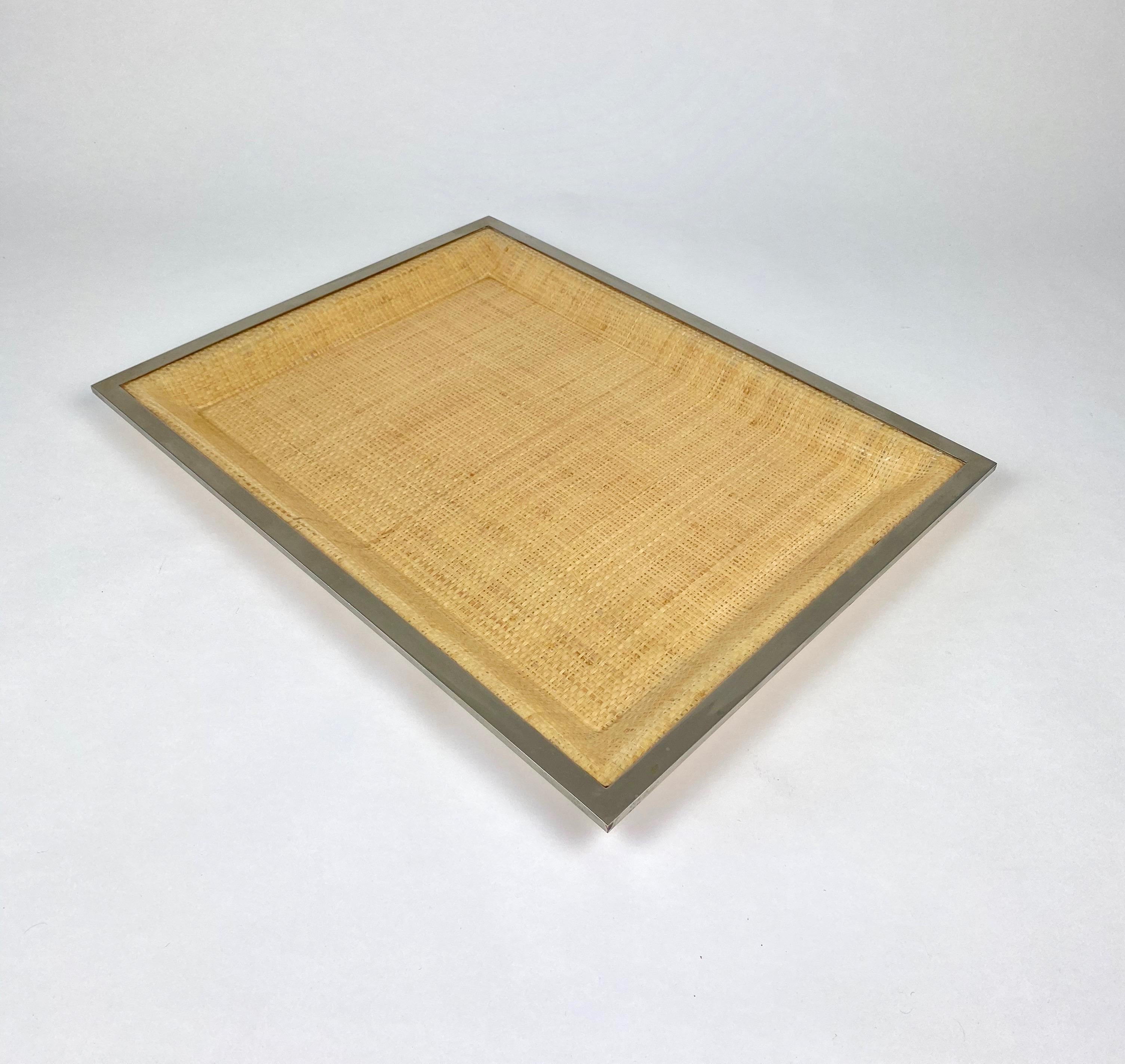 Mid-Century Modern Wicker Lucite Serving Tray Metal Frame by Janetti, Italy, 1970s For Sale