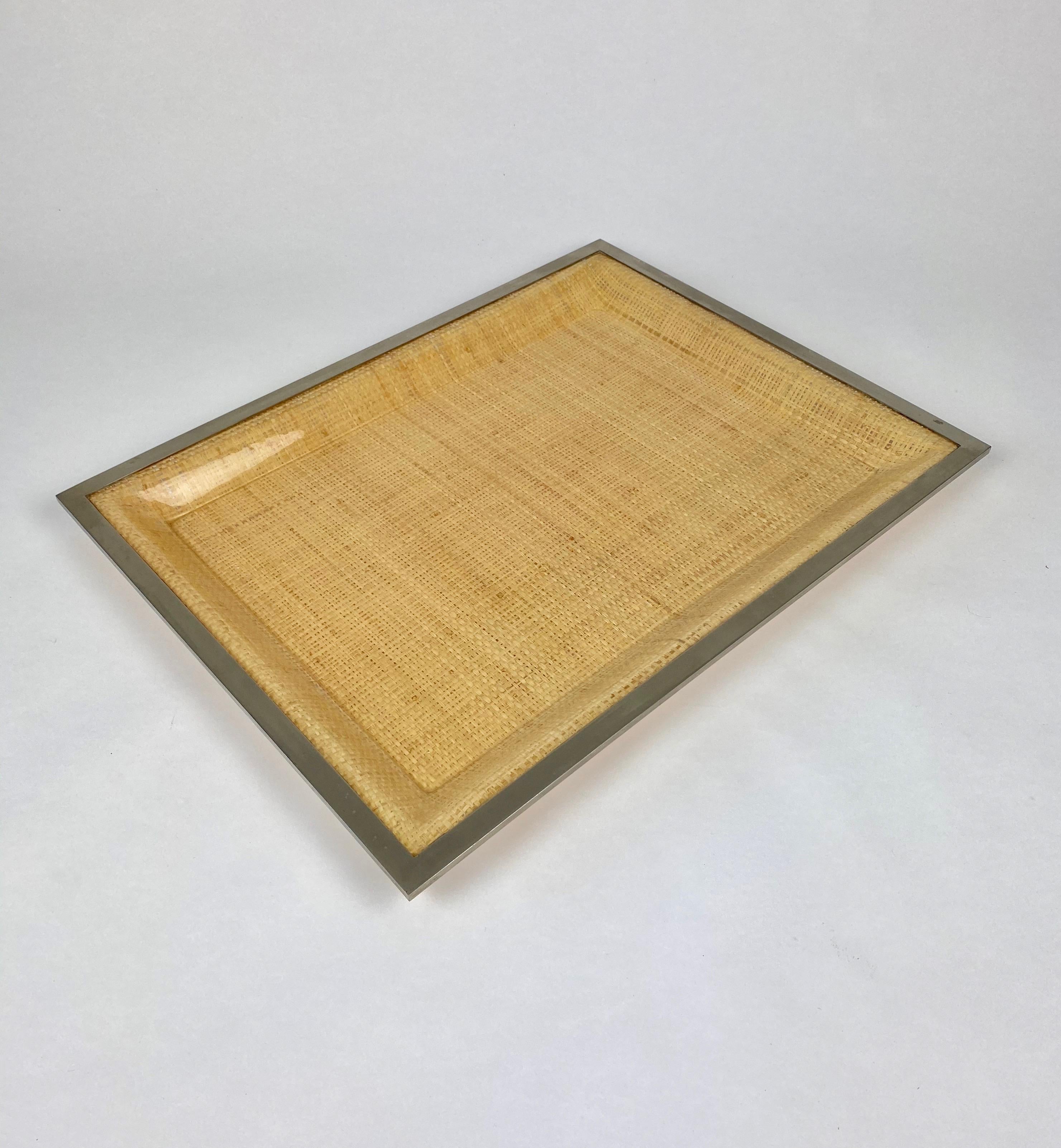 Italian Wicker Lucite Serving Tray Metal Frame by Janetti, Italy, 1970s For Sale