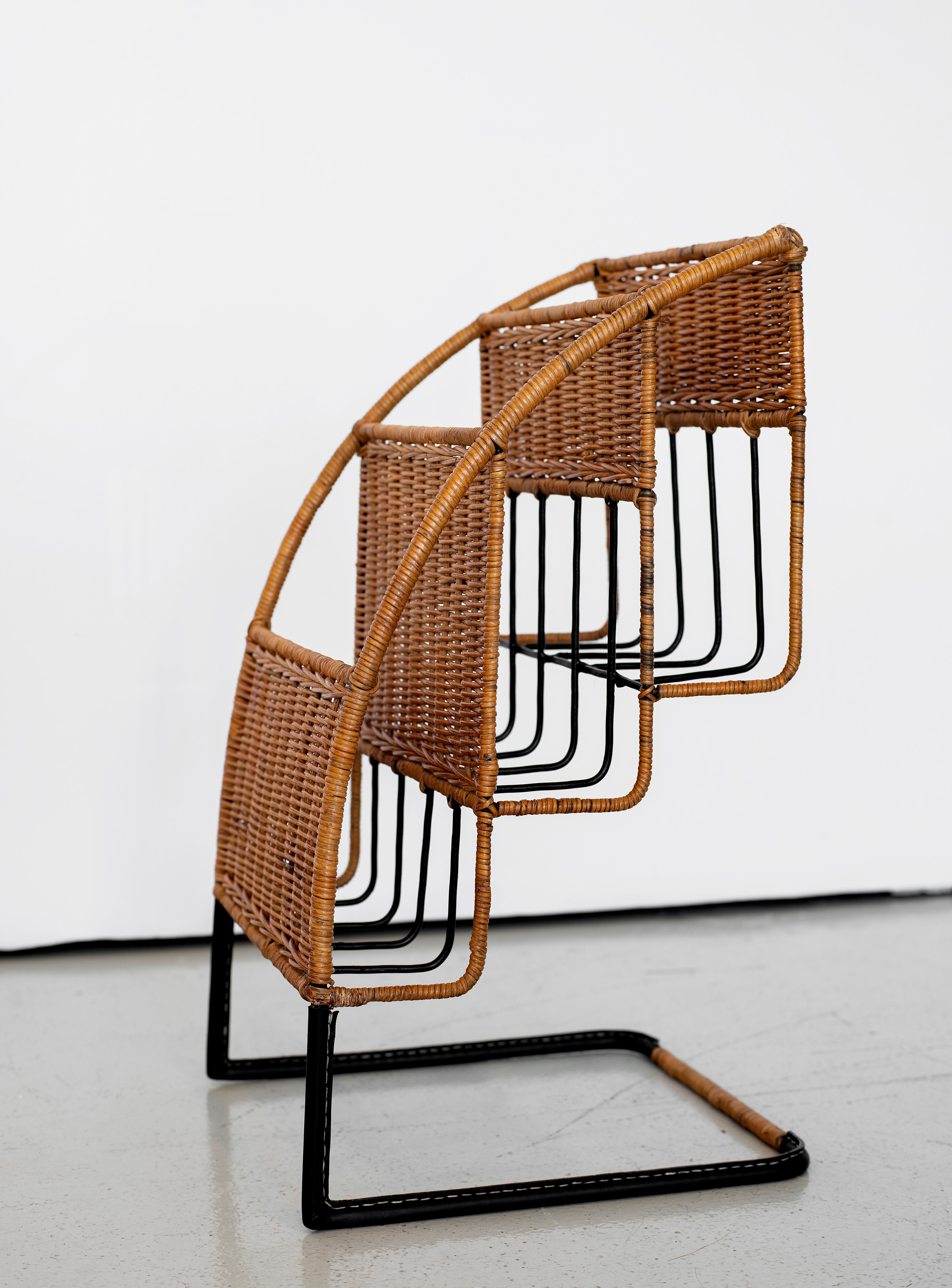 Wicker Magazine Rack Attributed to Jacques Adnet 1