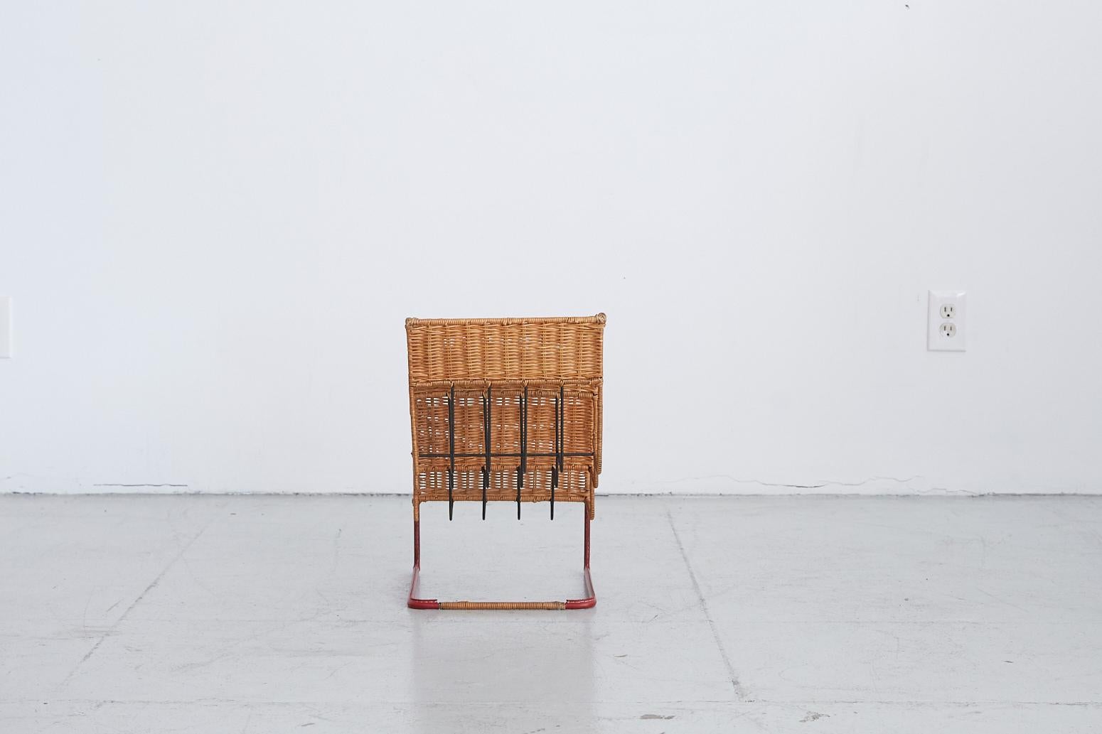 Leather Wicker Magazine Rack Attributed to Jacques Adnet