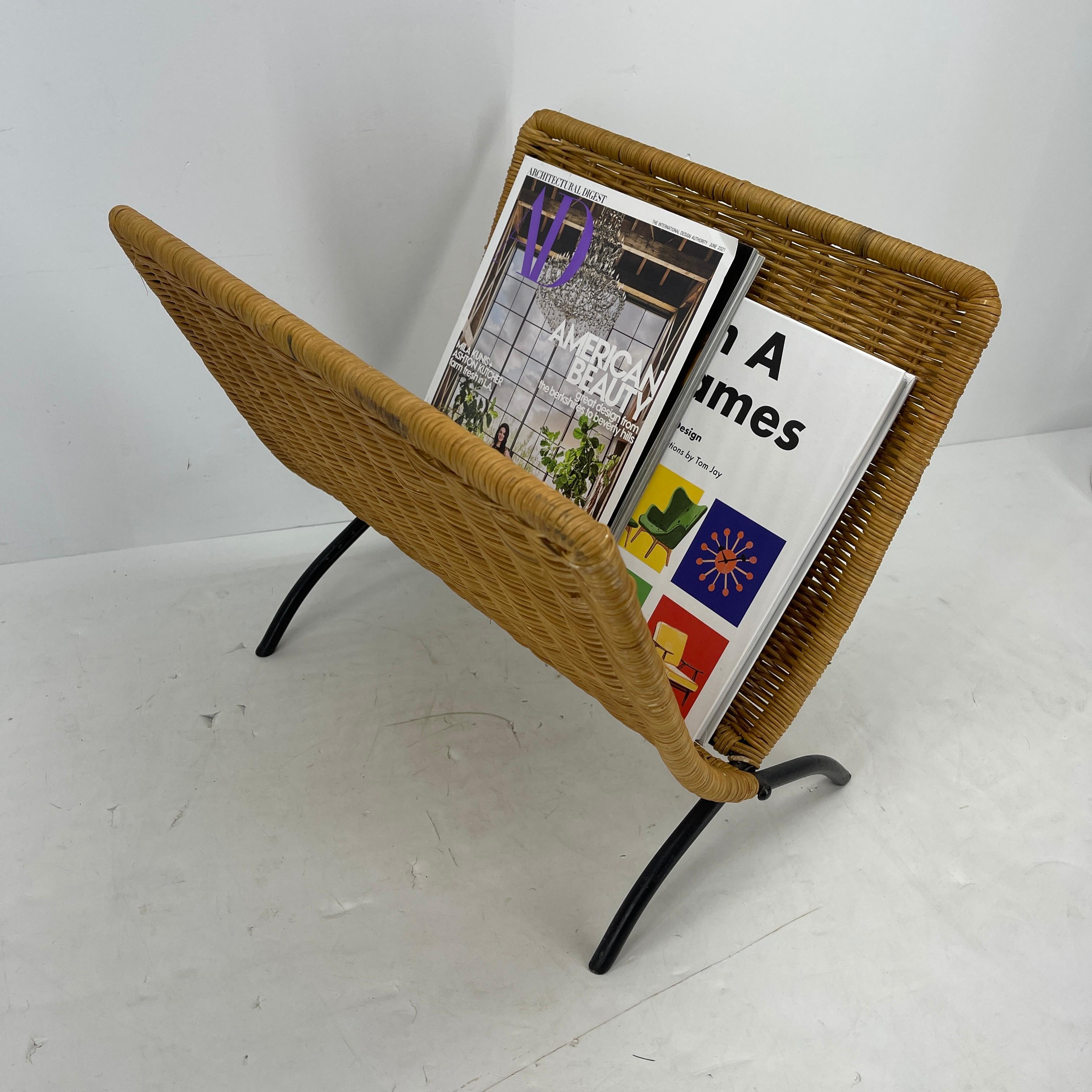 Wicker Magazine Rack with Black Metal Feet, Jacques Adnet, Mid-Century Modern 5