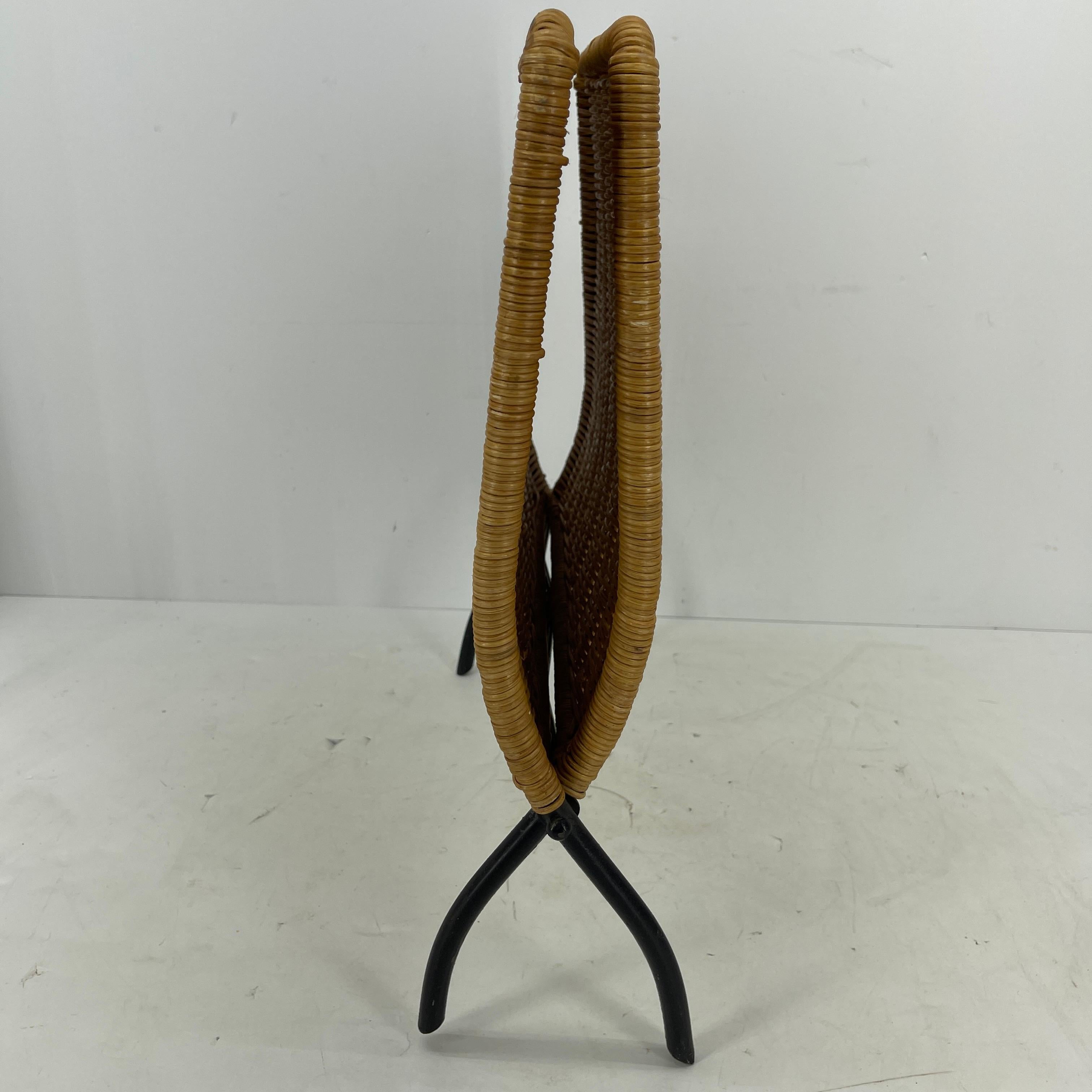 Wicker Magazine Rack with Black Metal Feet, Jacques Adnet, Mid-Century Modern 6