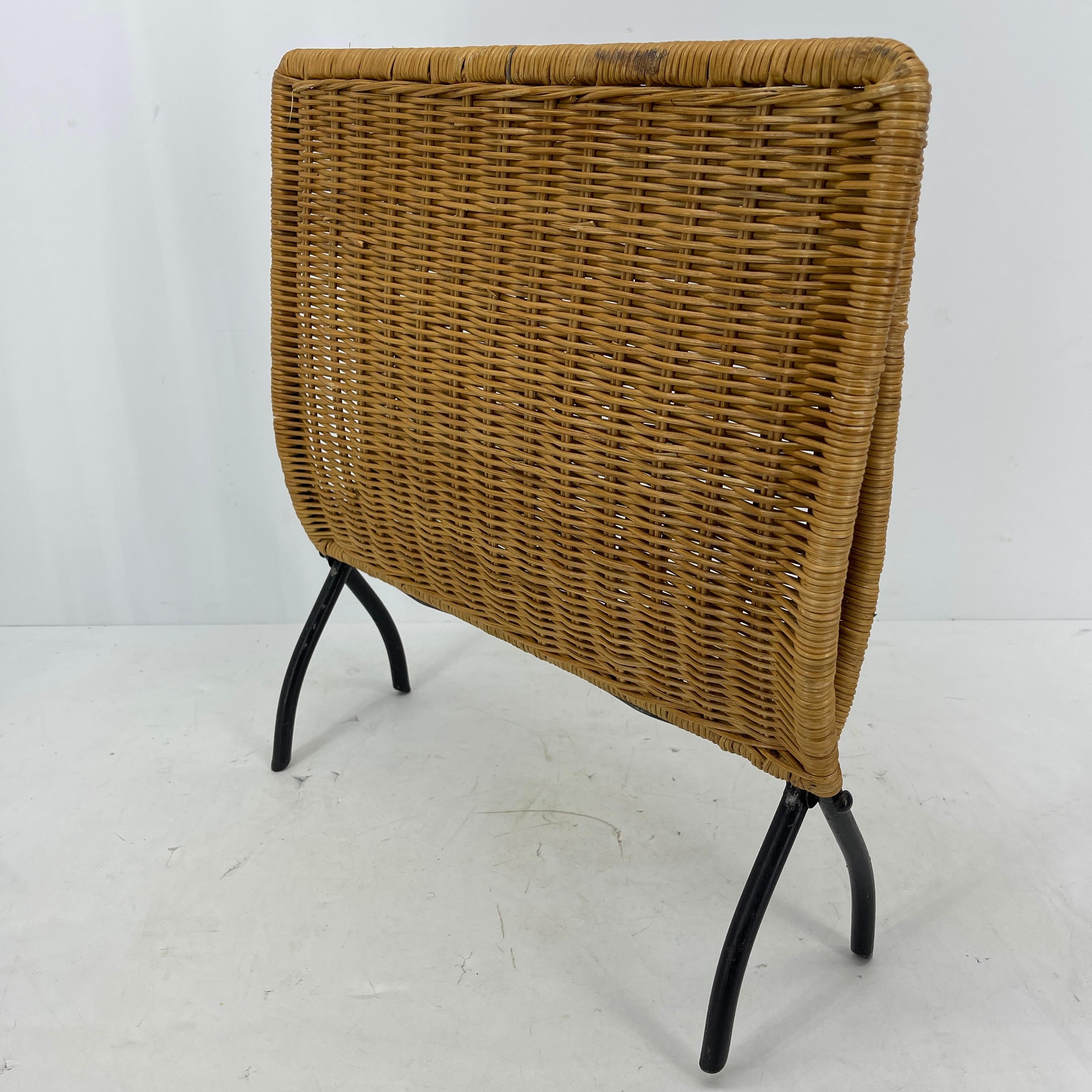 Wicker Magazine Rack with Black Metal Feet, Jacques Adnet, Mid-Century Modern 7