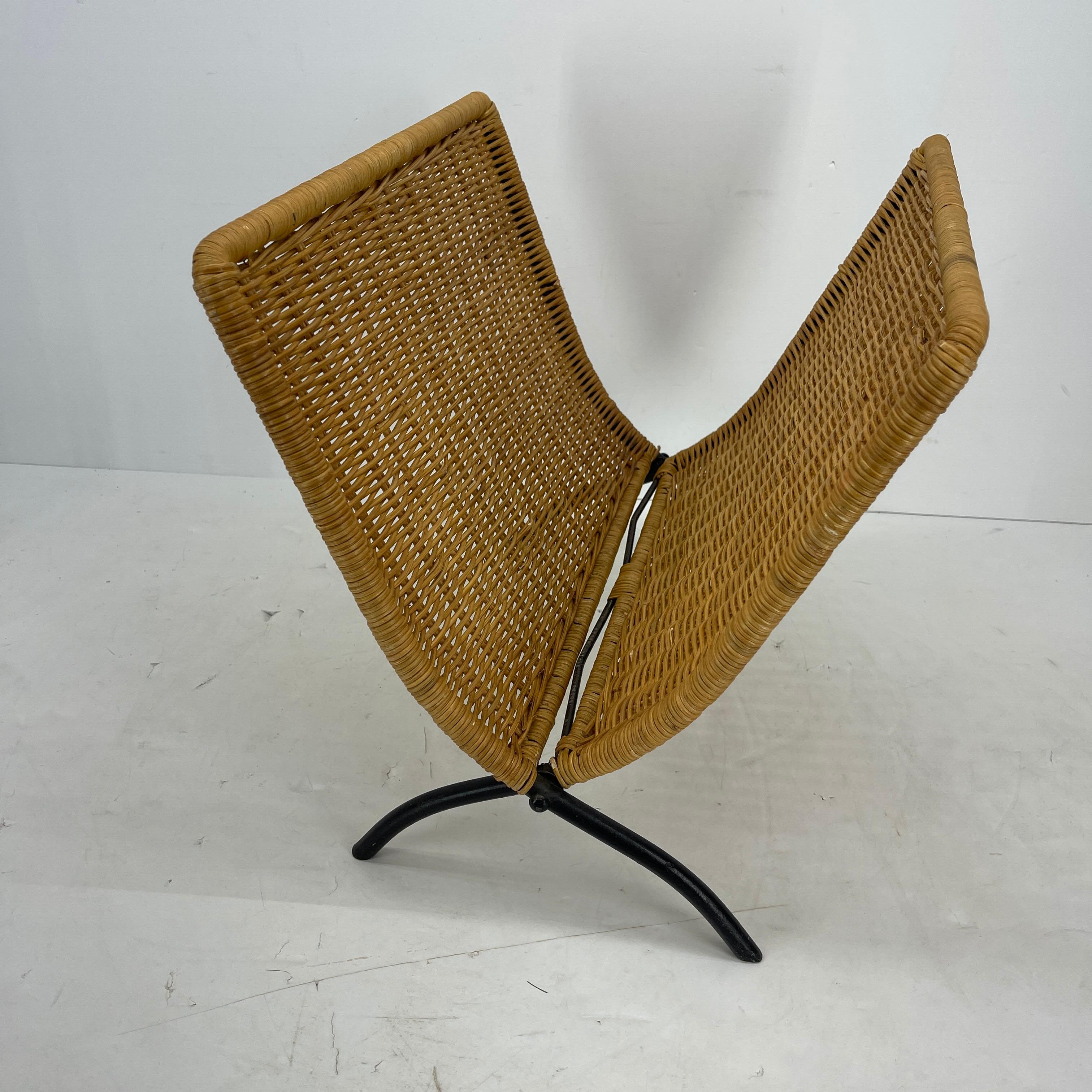 French Wicker Magazine Rack with Black Metal Feet, Jacques Adnet, Mid-Century Modern