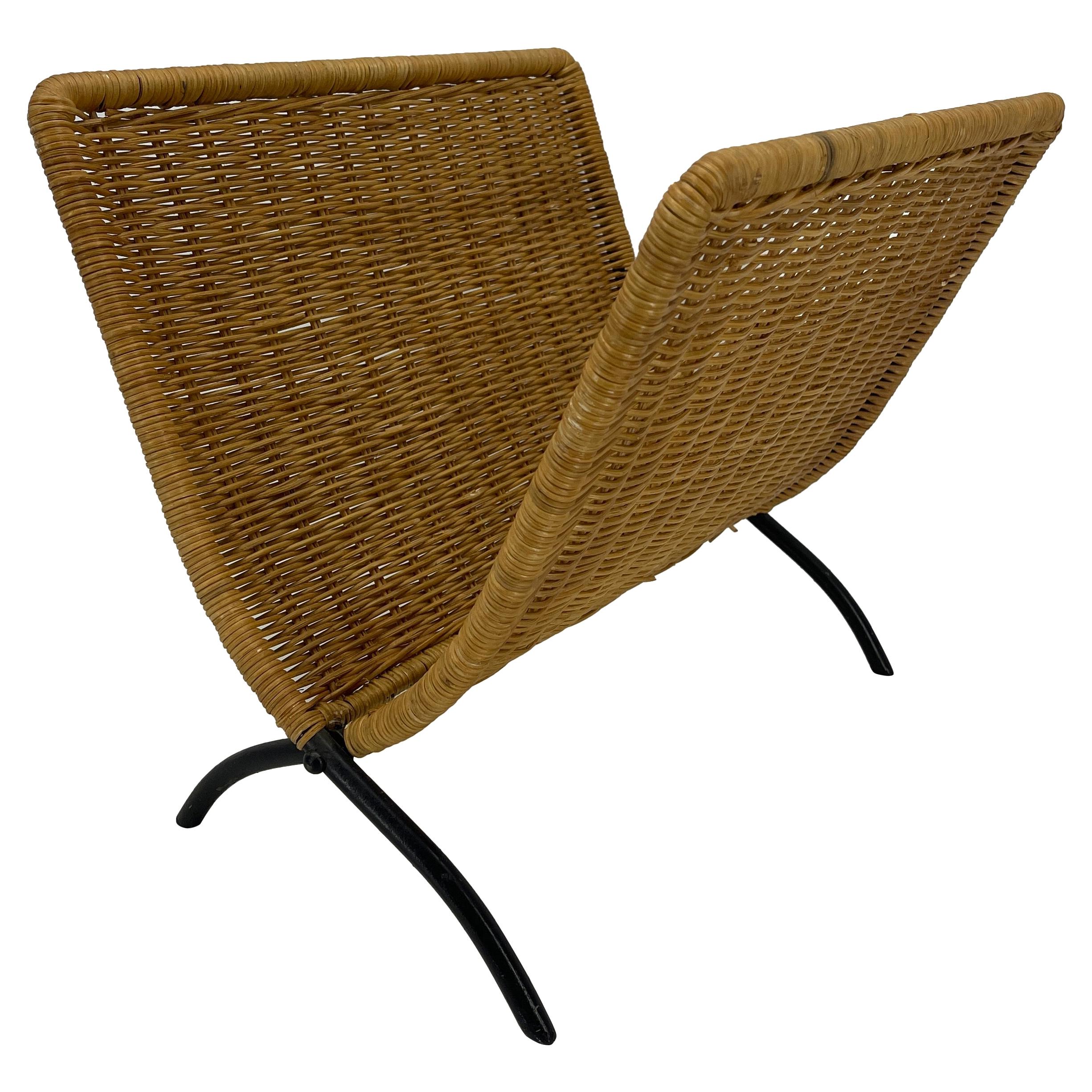 Wicker Magazine Rack with Black Metal Feet, Jacques Adnet, Mid-Century Modern