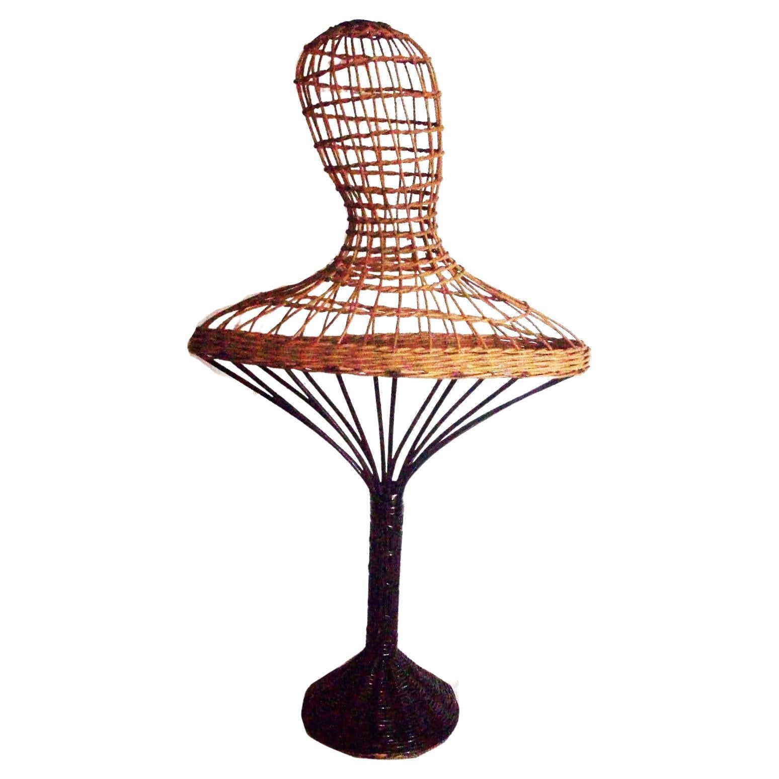 Wicker Mannequin Head Woven in Natural Color and Black Color on The Base For Sale