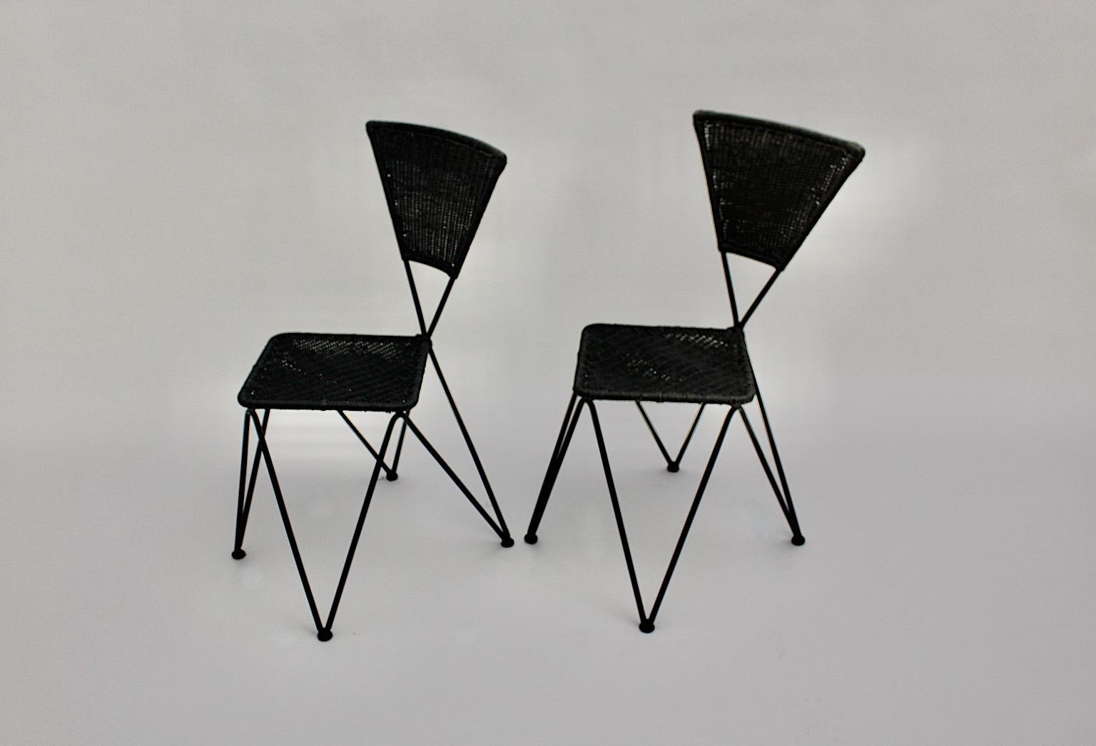 Mid-Century Modern Wicker Metal Vintage Dining Chairs or Chairs Black Blue Sonett Vienna circa 1950 For Sale