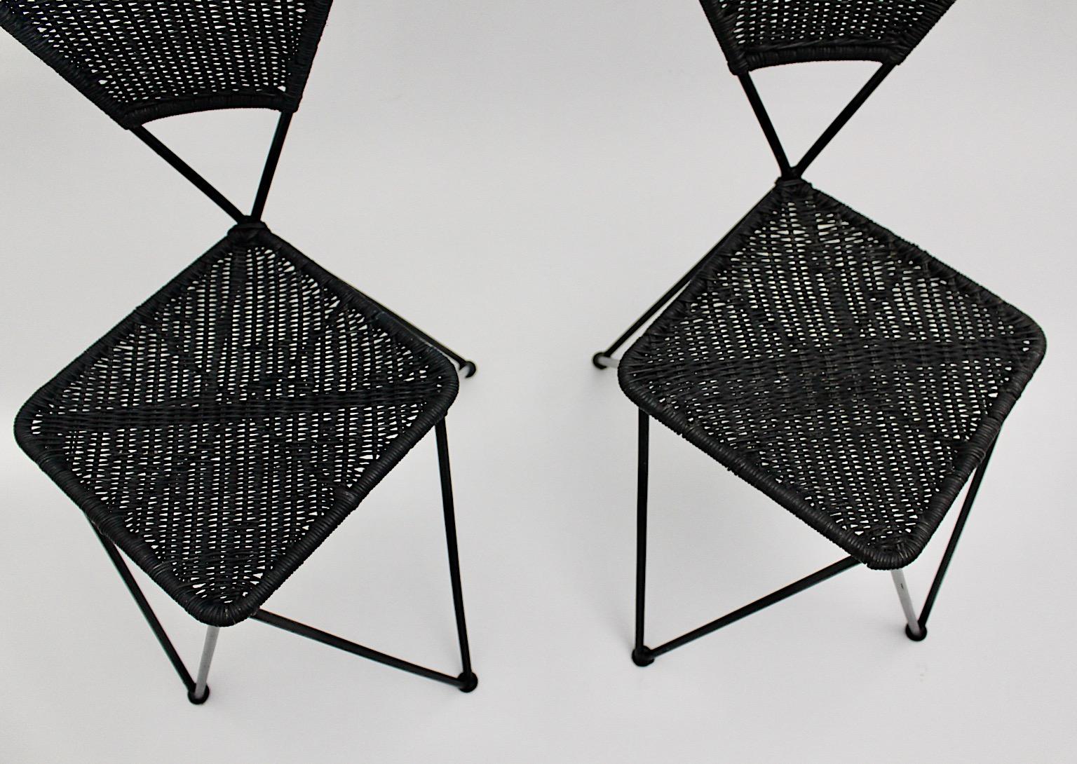 Mid-20th Century Wicker Metal Vintage Dining Chairs or Chairs Black Blue Sonett Vienna circa 1950 For Sale