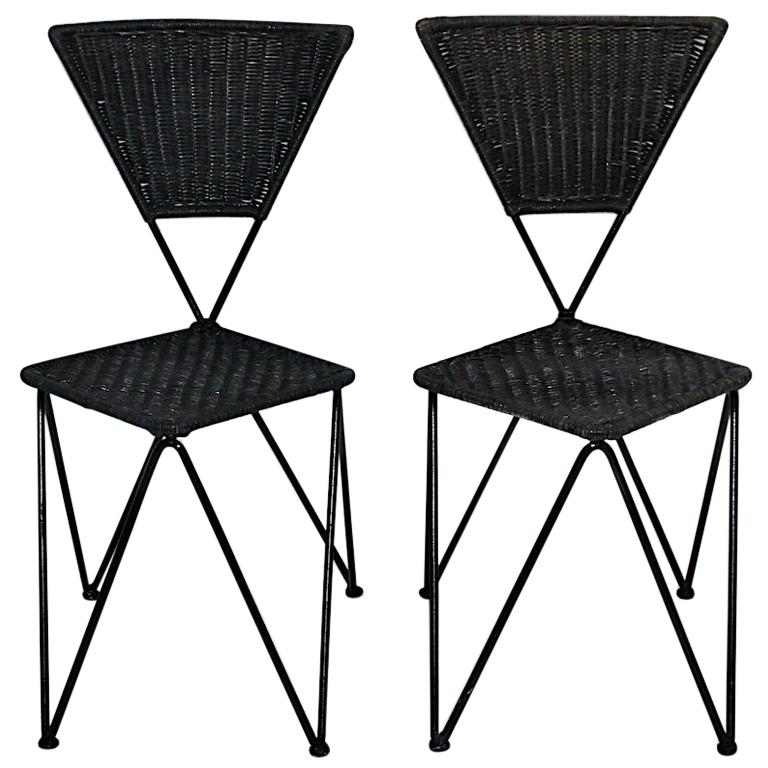 Wicker Metal Vintage Dining Chairs or Chairs Black Blue Sonett Vienna circa 1950 For Sale