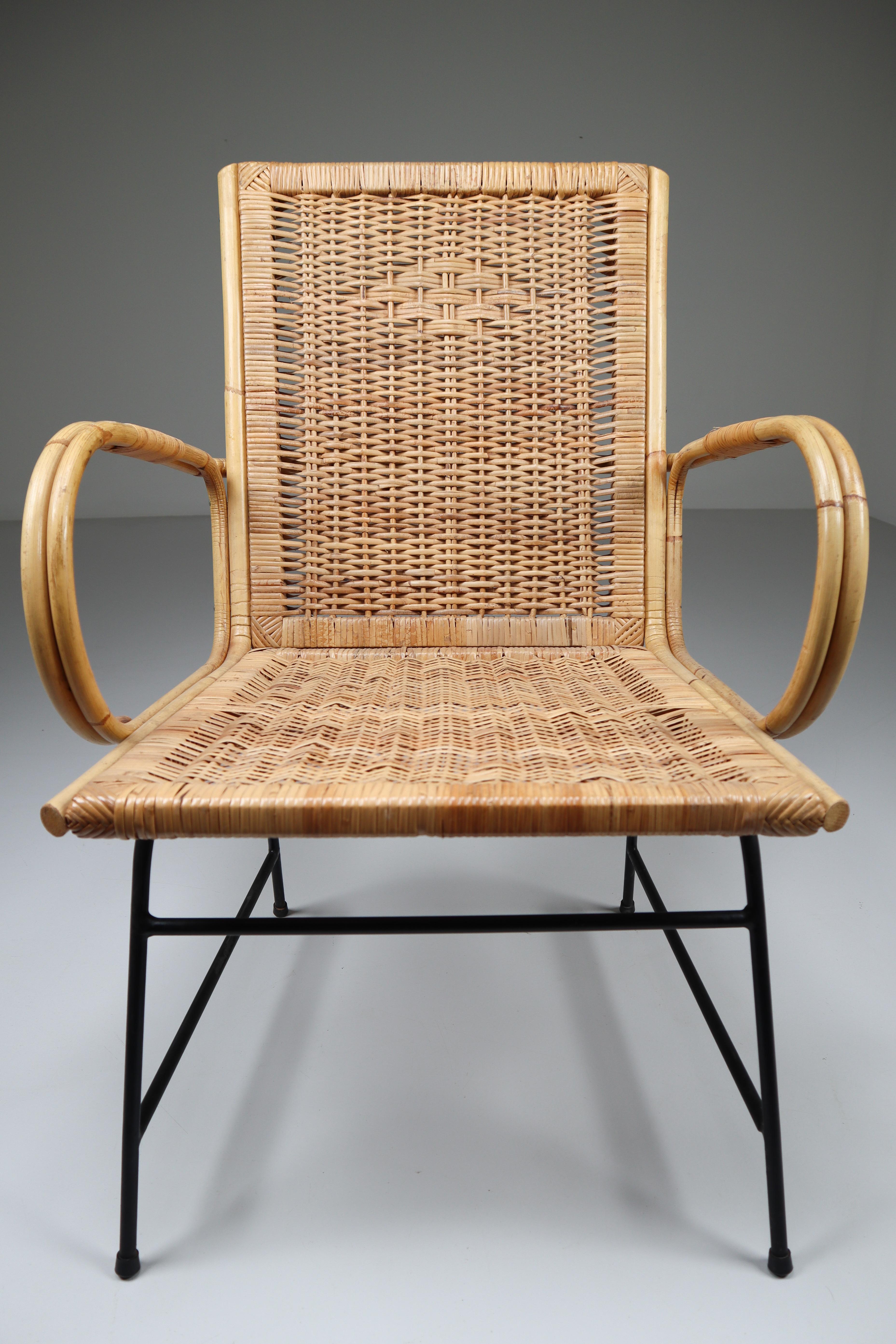 French Wicker Midcentury Armchair Designed and Produced in France, 1960s