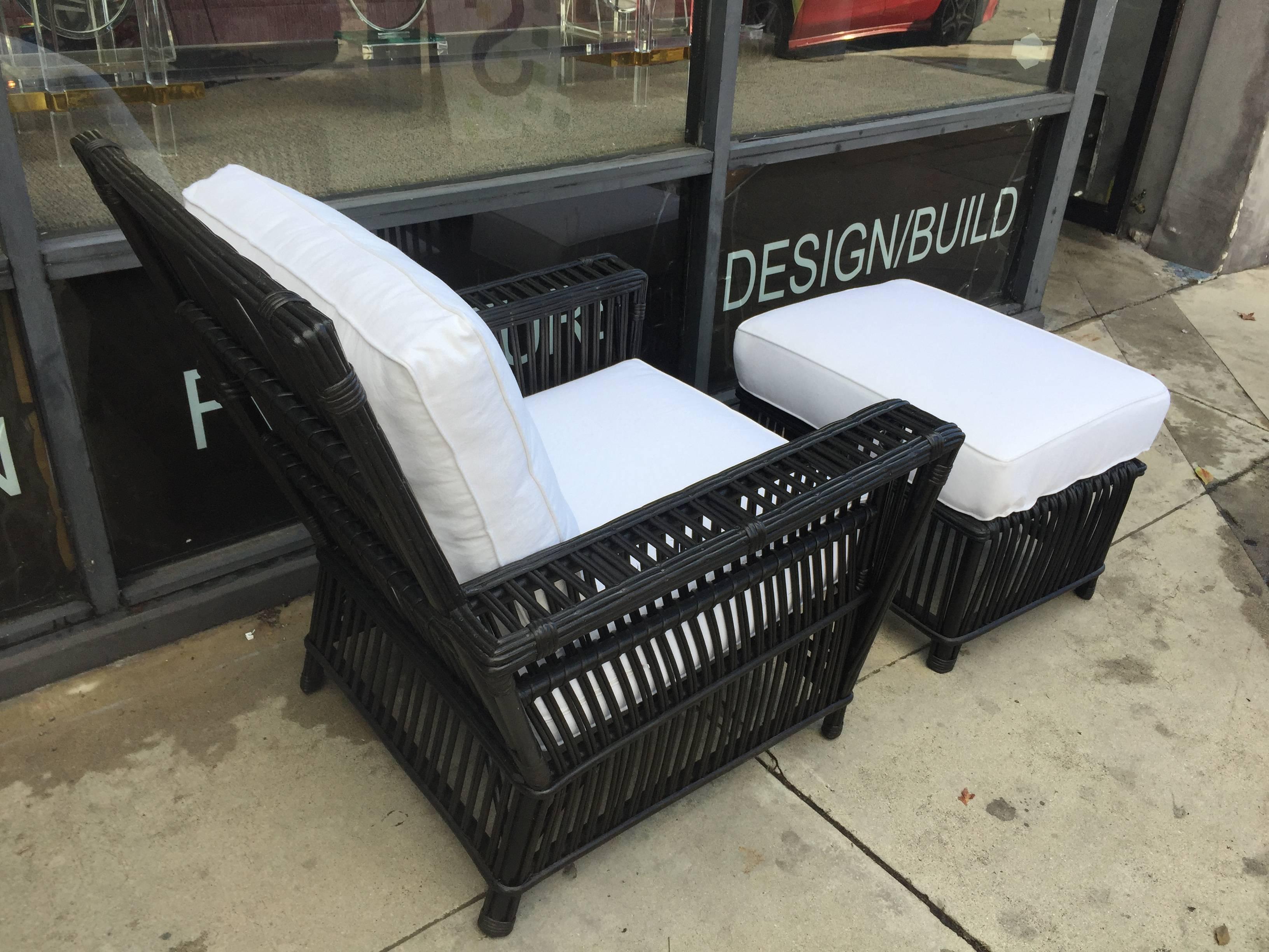 Mid-Century Modern Wicker or Bamboo Patio Chairs and Ottomans Upholstered in White Canvas
