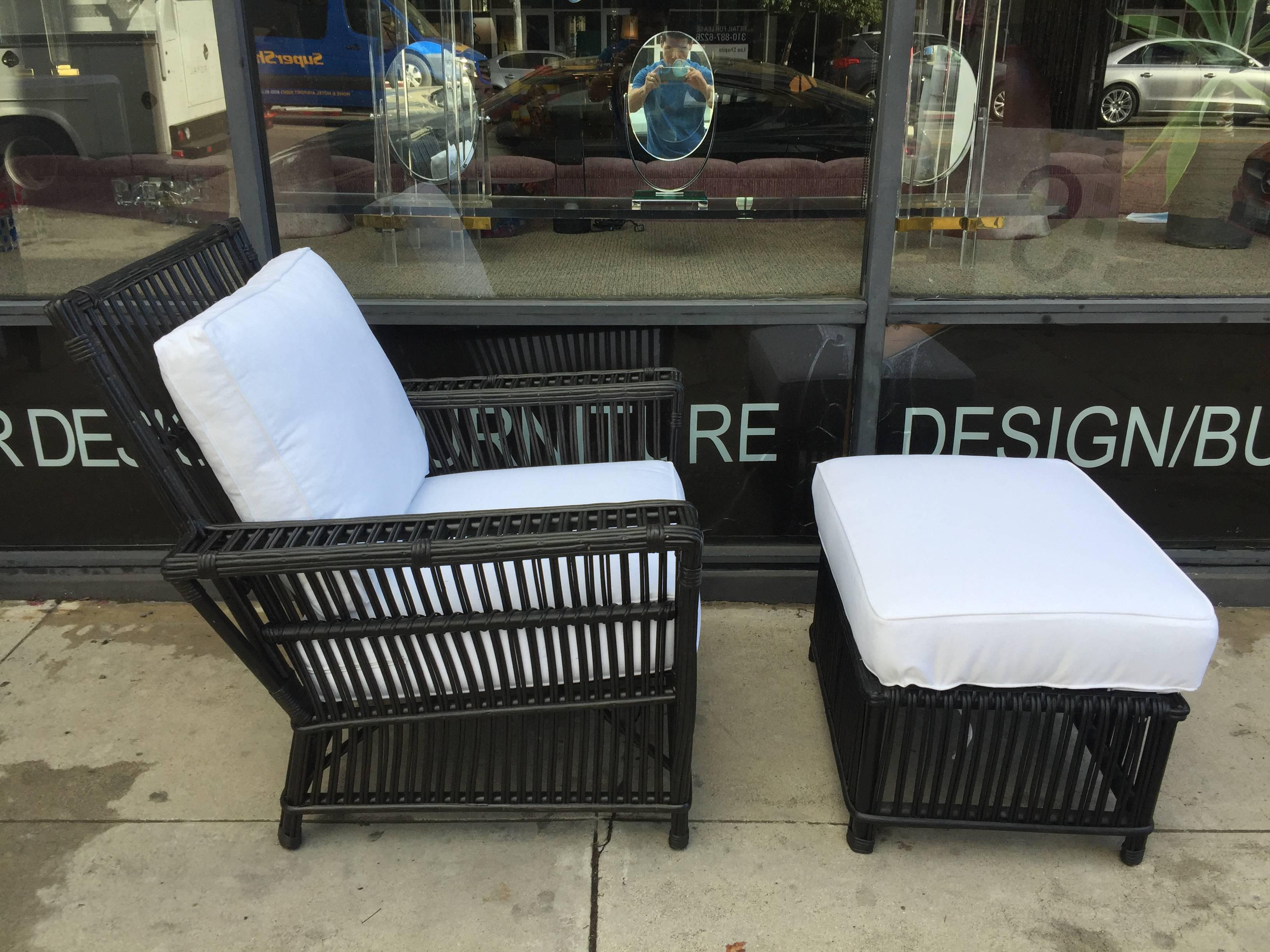 American Wicker or Bamboo Patio Chairs and Ottomans Upholstered in White Canvas