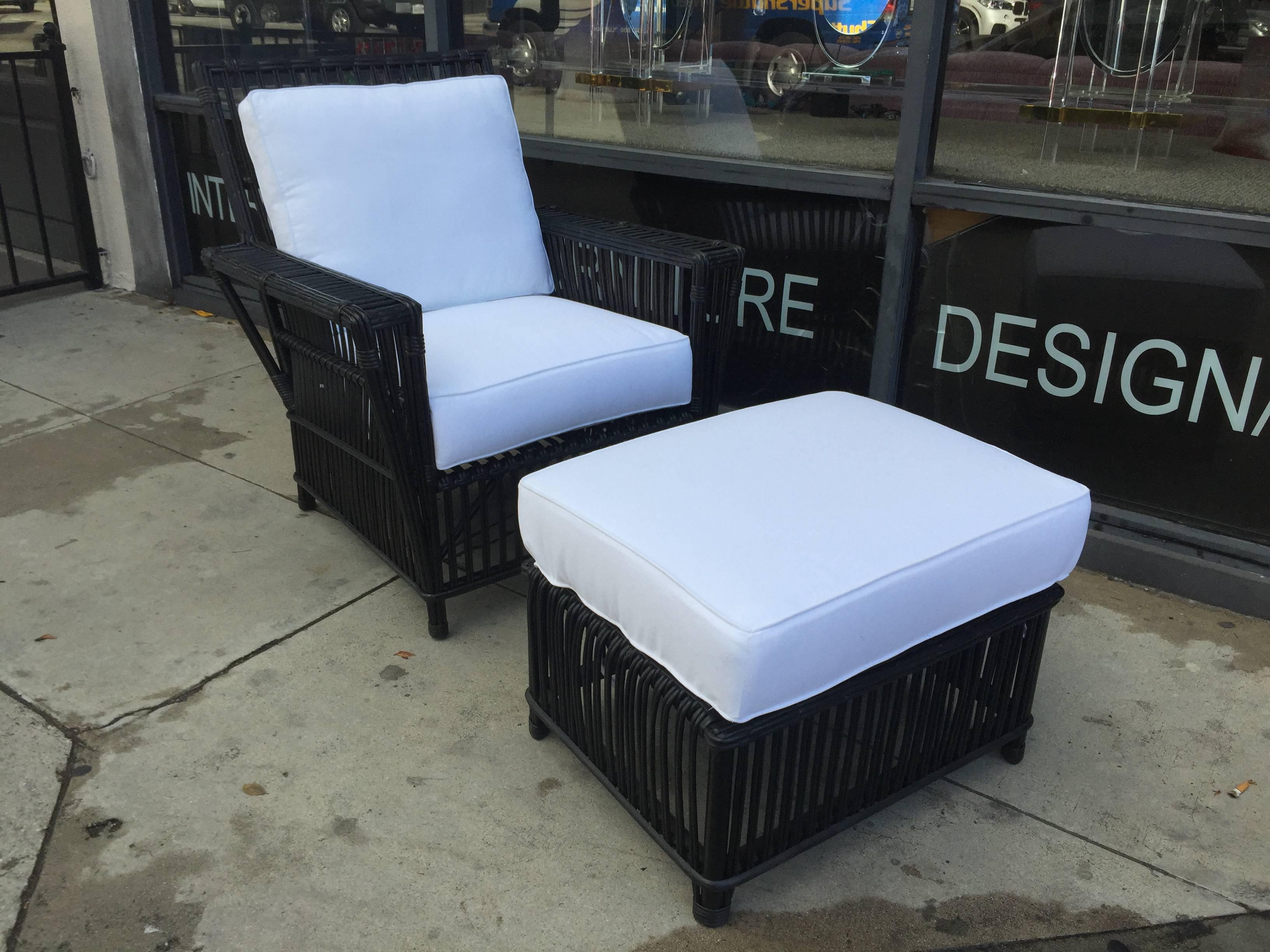 Wicker or Bamboo Patio Chairs and Ottomans Upholstered in White Canvas In New Condition In Los Angeles, CA