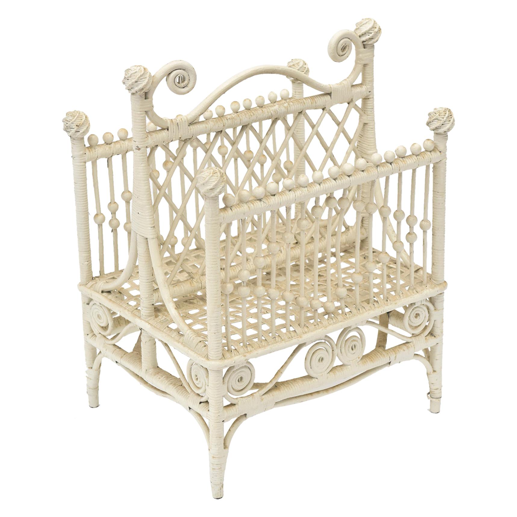 Wicker Ornate Music or Magazine Rack with Beads Curlicues and Woven Ball Finial For Sale