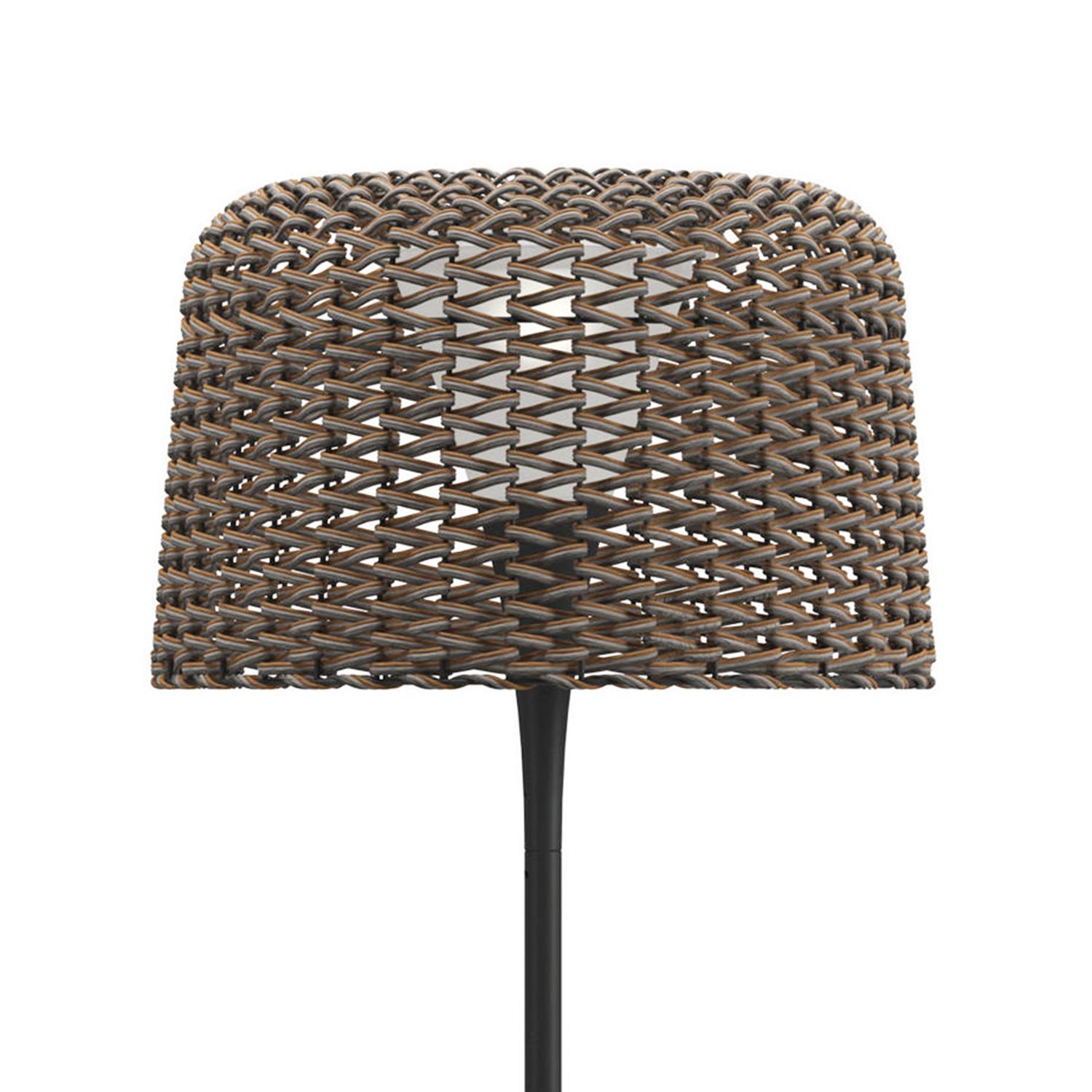 Floor Lamp Wicker Outdoor Black with wicker outdoor woven
lampshade in brown finish, with aluminium anthracite powder-coated
structure and teak trim on base edge. With solar and mains power 
rechargable LED light unit. Adaptor Output 4.2V. 65ft