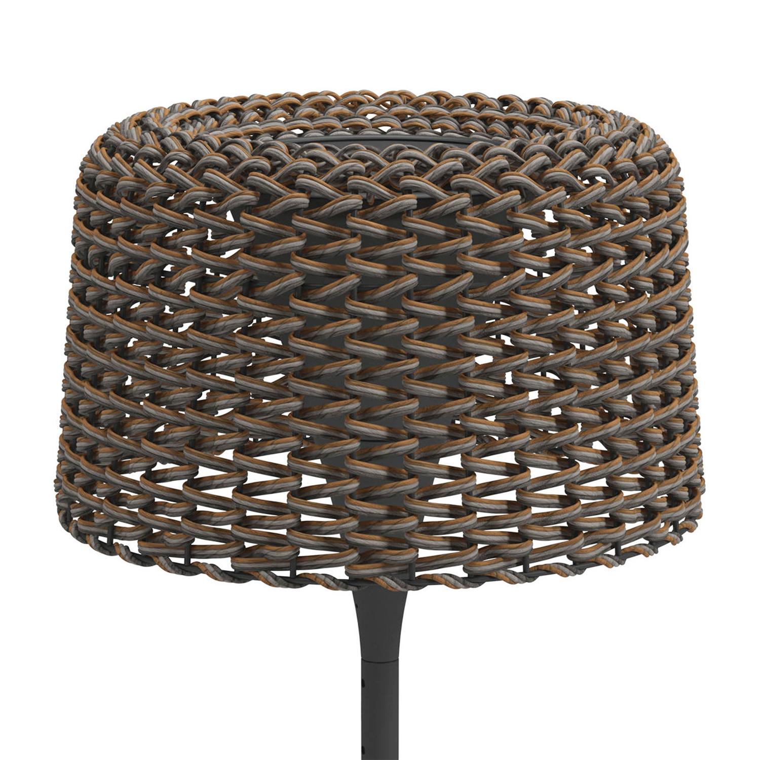 Table Lamp Wicker Outdoor Black with wicker outdoor woven
lampshade in brown finish, with aluminium anthracite powder-coated
structure and teak trim on base edge. With solar and mains power 
rechargable LED light unit. Adaptor Output 4.2V. 65ft