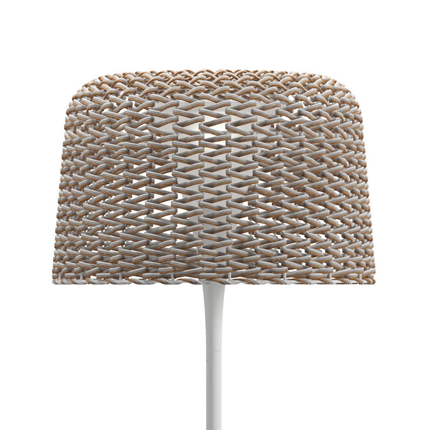 Floor Lamp Wicker Outdoor White with wicker outdoor woven
lampshade in dbrown finish, with aluminium white powder-coated
structure and teak trim on base edge. With solar and mains power 
rechargable LED light unit. Adaptor Output 4.2V. 65ft range