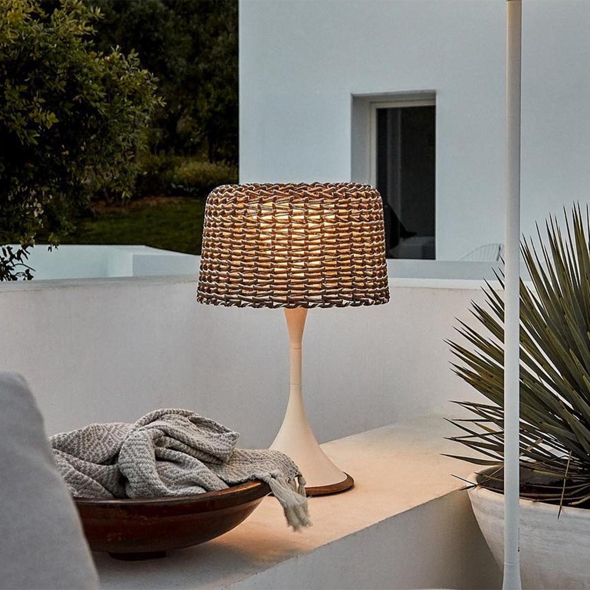 Contemporary Wicker Outdoor White Table Lamp For Sale