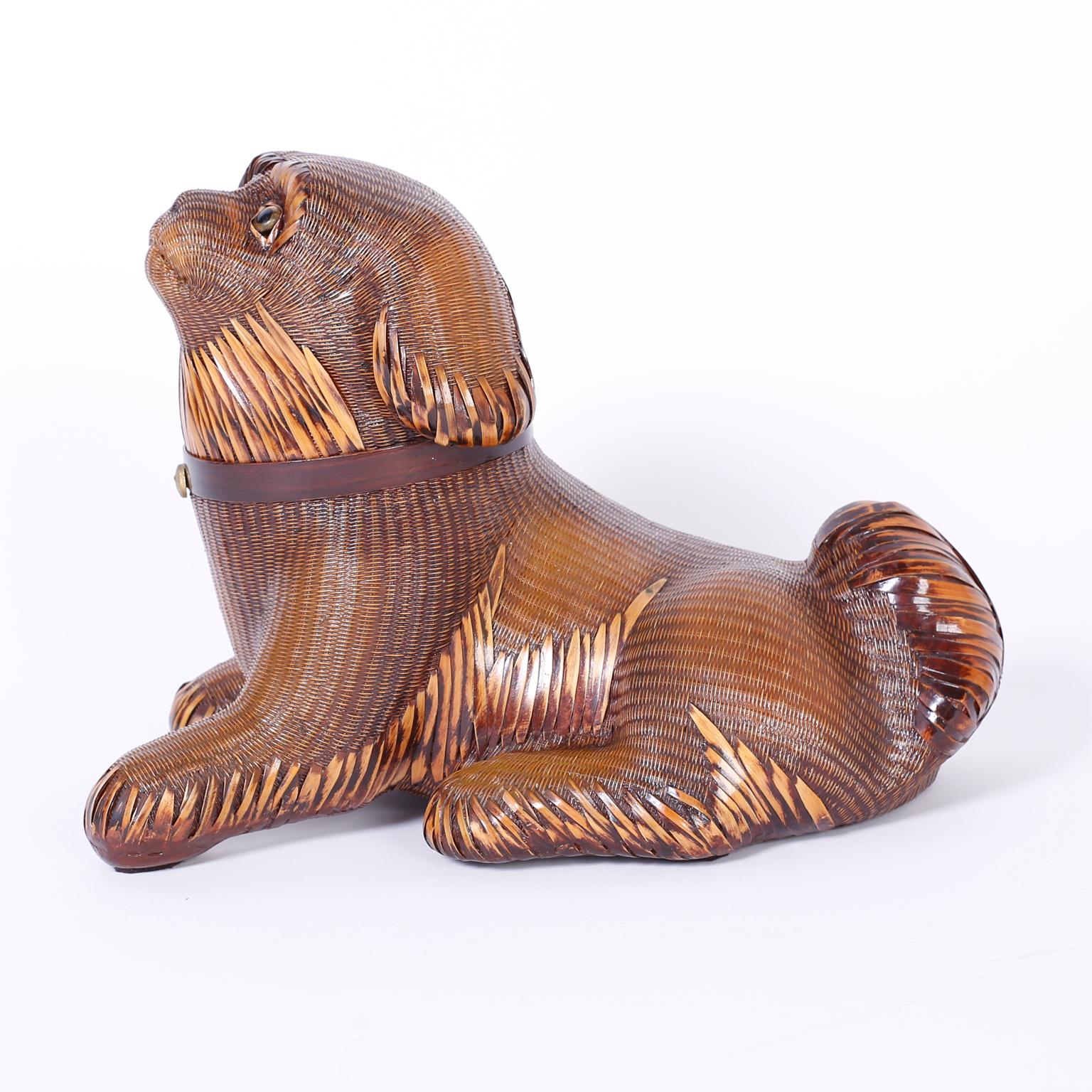 Whimsical vintage Chinese dog box from the famed Shanghai collection, ambitiously crafted in wicker and reed with a removable head and plenty of decorative doggy appeal.