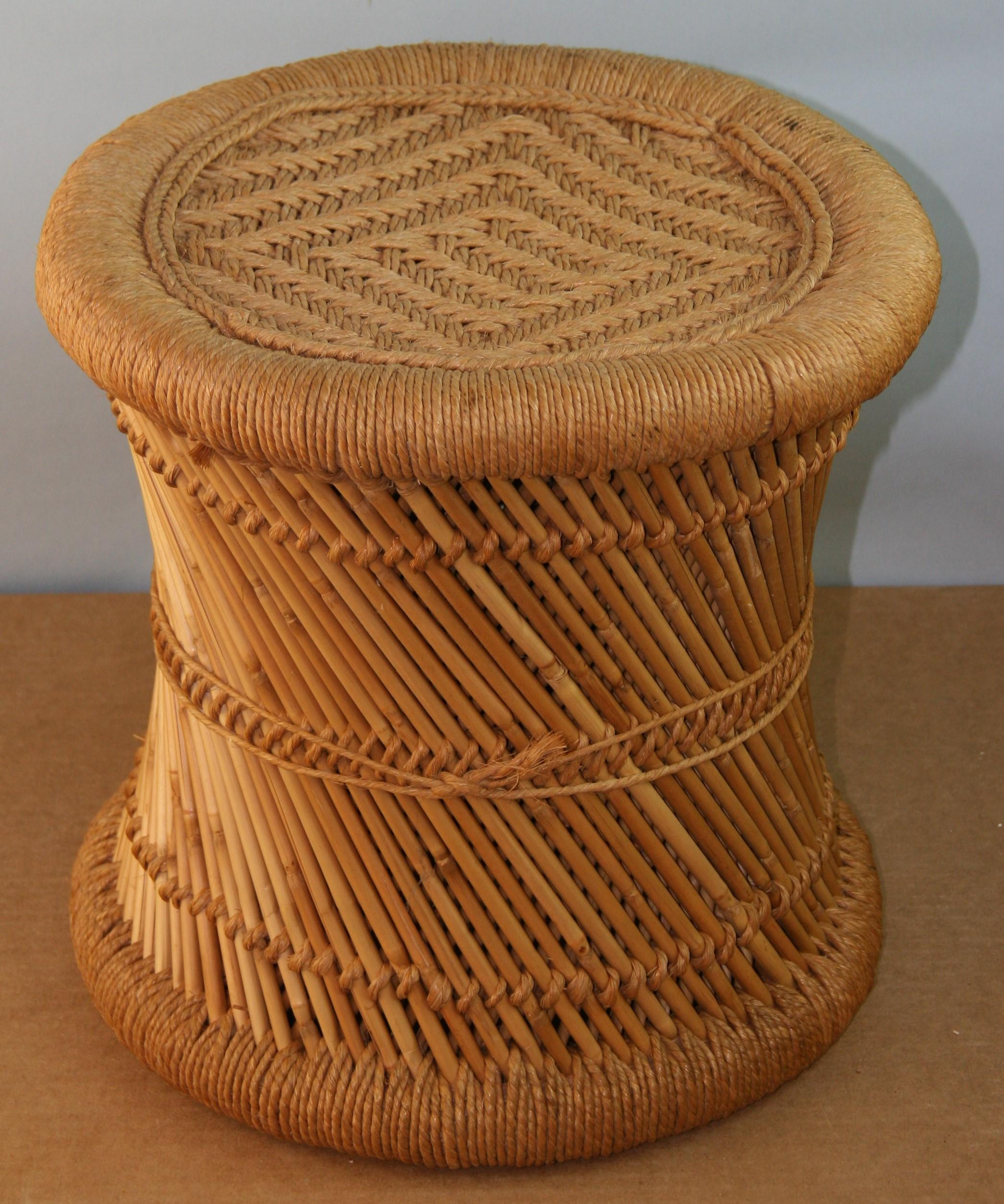 A great vintage wicker pencil reed stool or side table circa 20th century.
Stool is sturdy and well made and can support a human being ( as Intended).
Stool can double as a side table providing there is a stabile environment on top for a drink