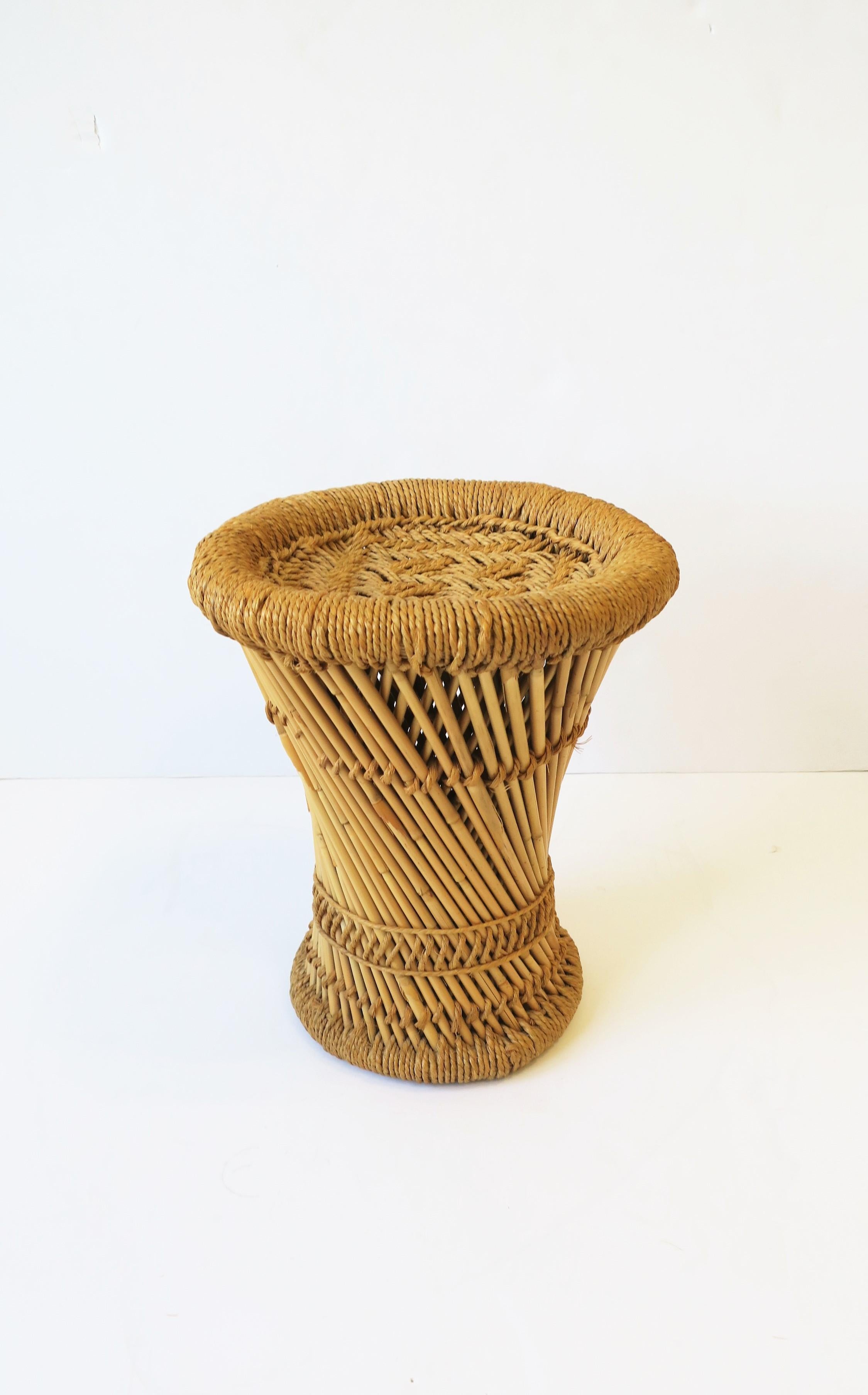 A great, small, vintage wicker pencil reed stool or side table, circa 20th century, India. Stool is sturdy and well made and can support a human being (as intended.) Stool can also double as a small side table or plant stand with its custom