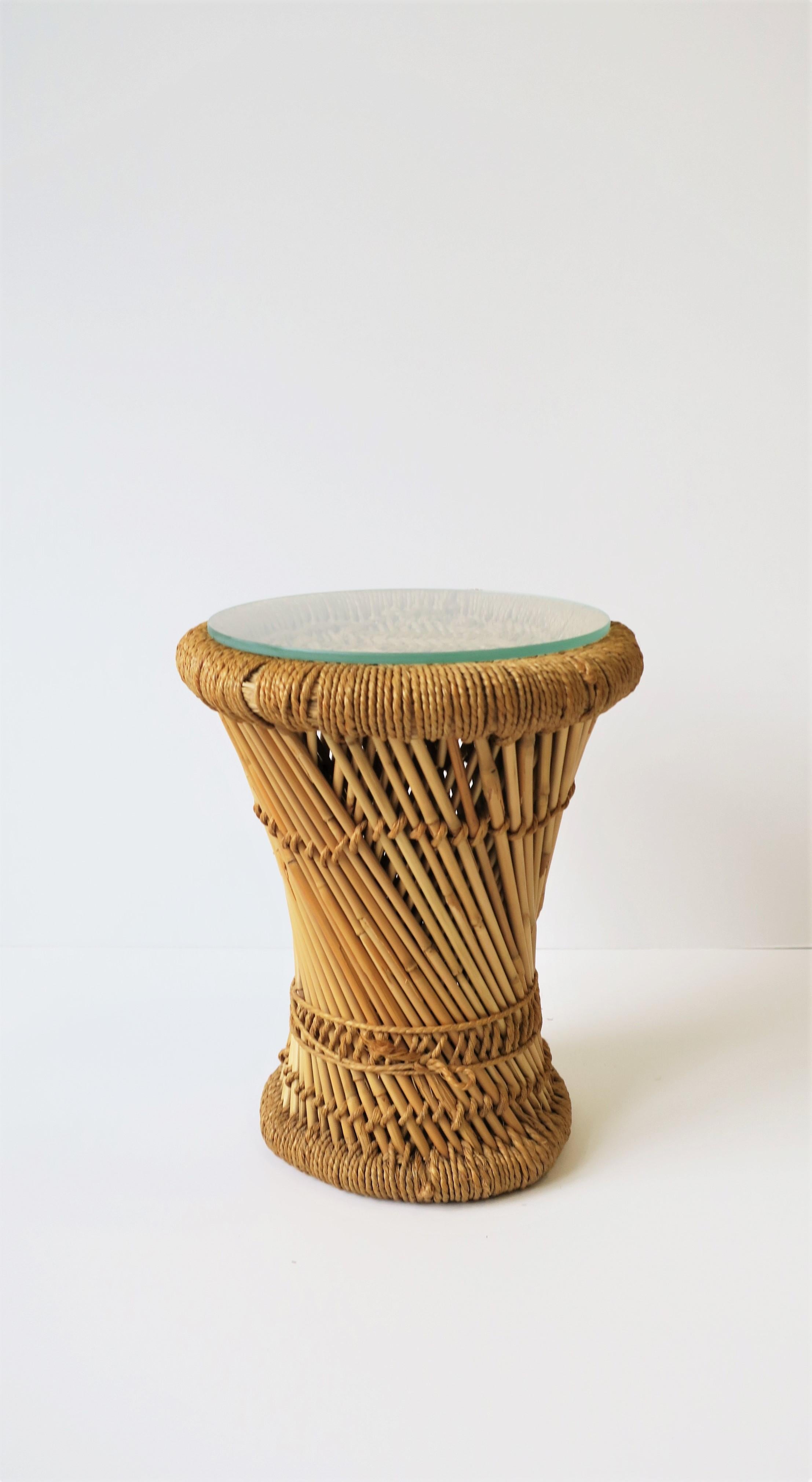Anglo Raj Wicker Pencil Reed Stool or Side Table with Glass Top, Small