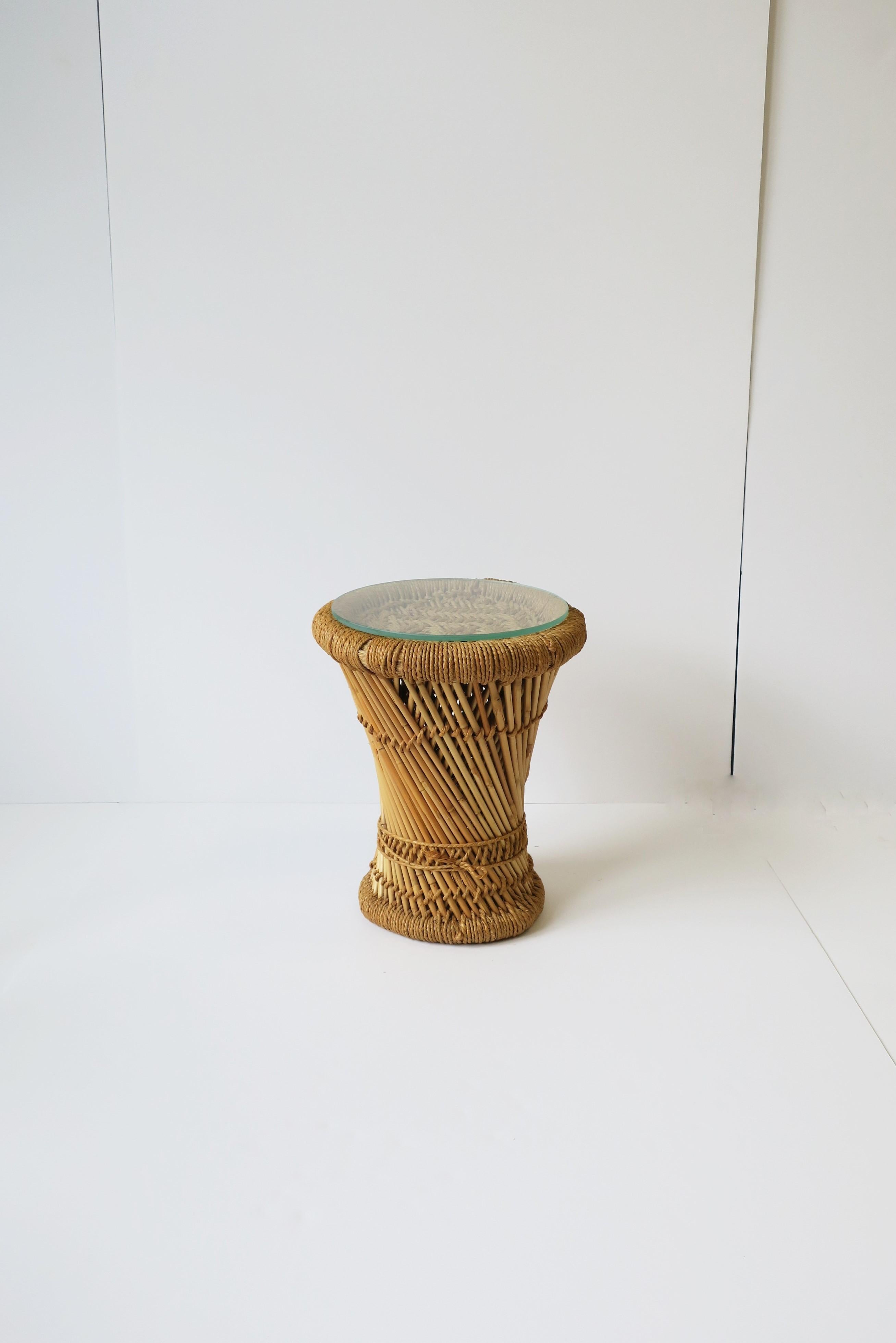 Indian Wicker Pencil Reed Stool or Side Table with Glass Top, Small