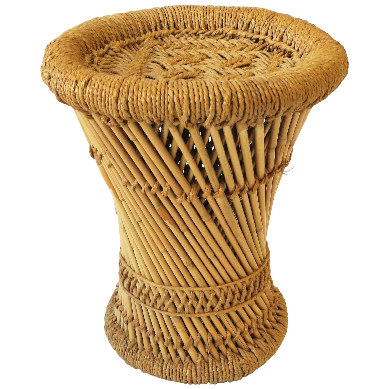 Wicker Pencil Reed Stool or Side Table with Glass Top, Small