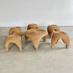 Table et tabourets à aiguille en pin et osier, France, années 1980