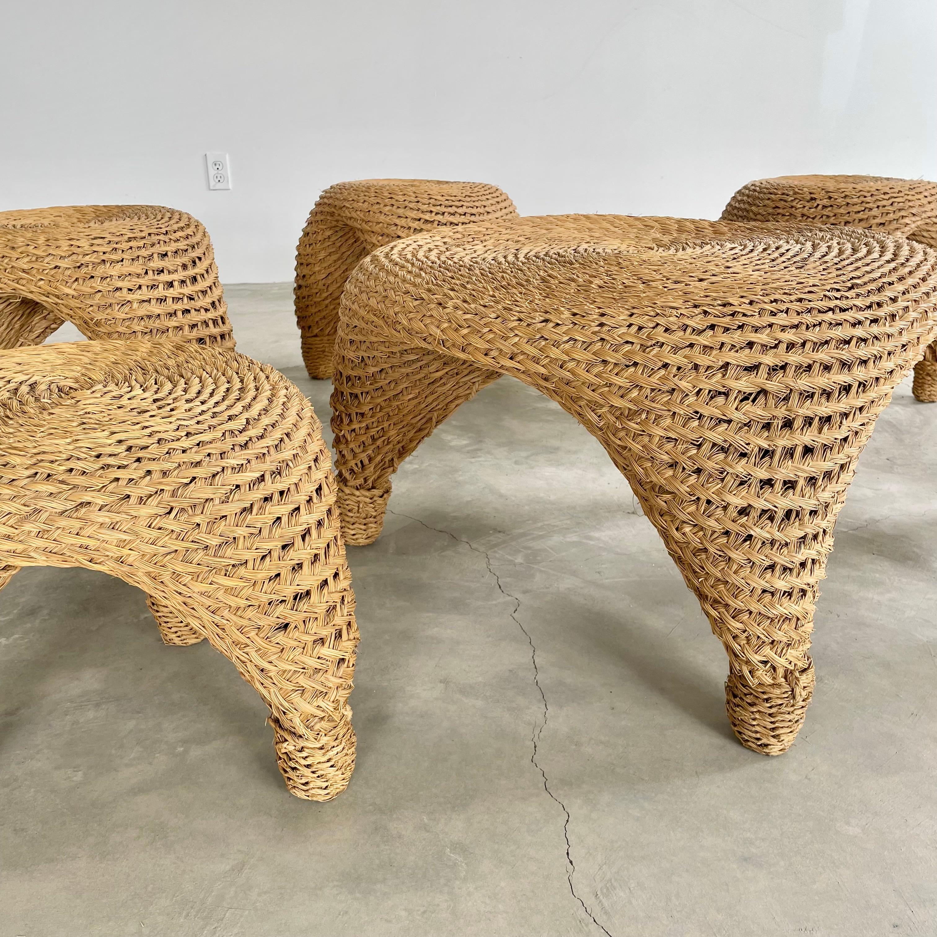 Late 20th Century Wicker Pine Needle Table and Stools, 1980s France For Sale