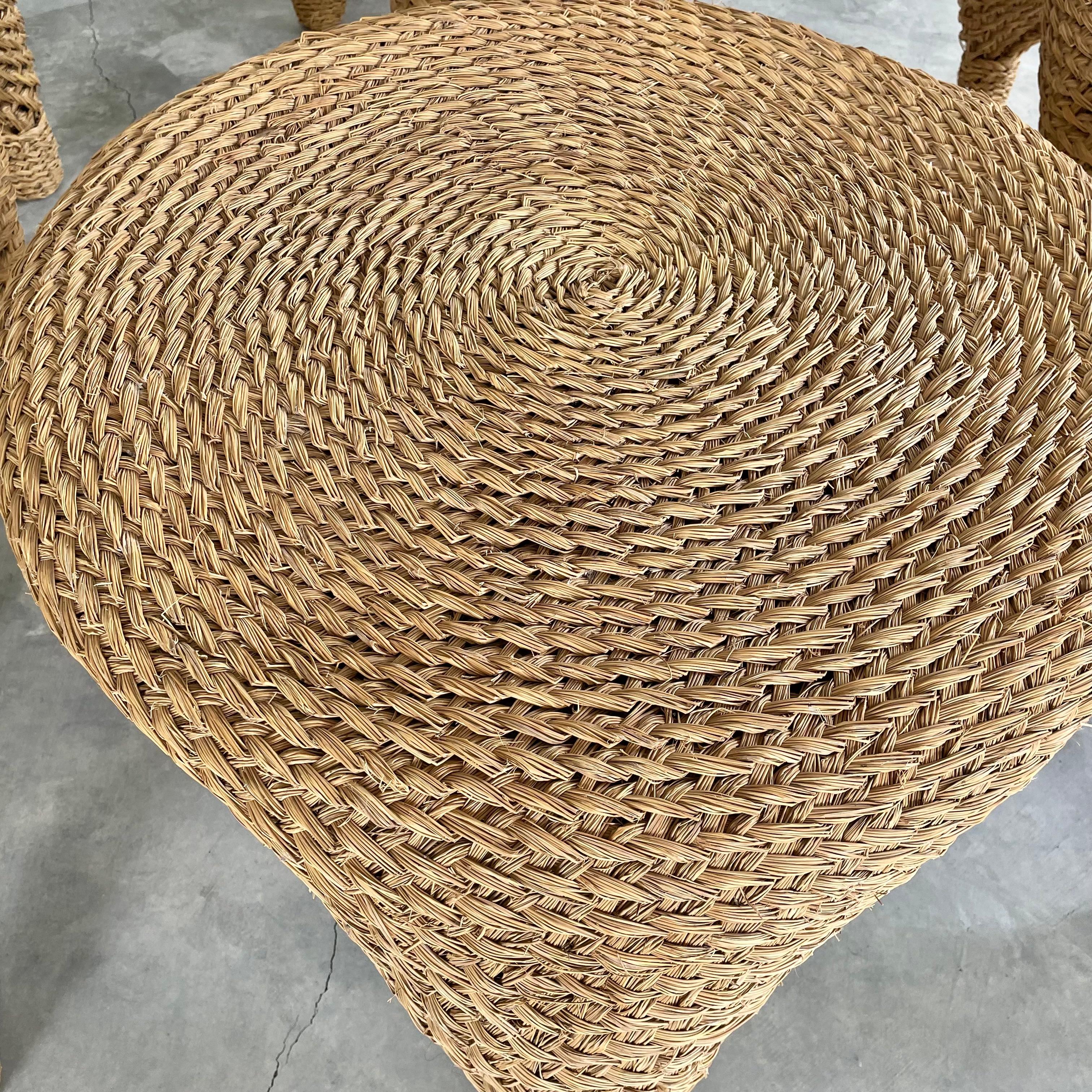 Rope Wicker Pine Needle Table and Stools, 1980s France For Sale