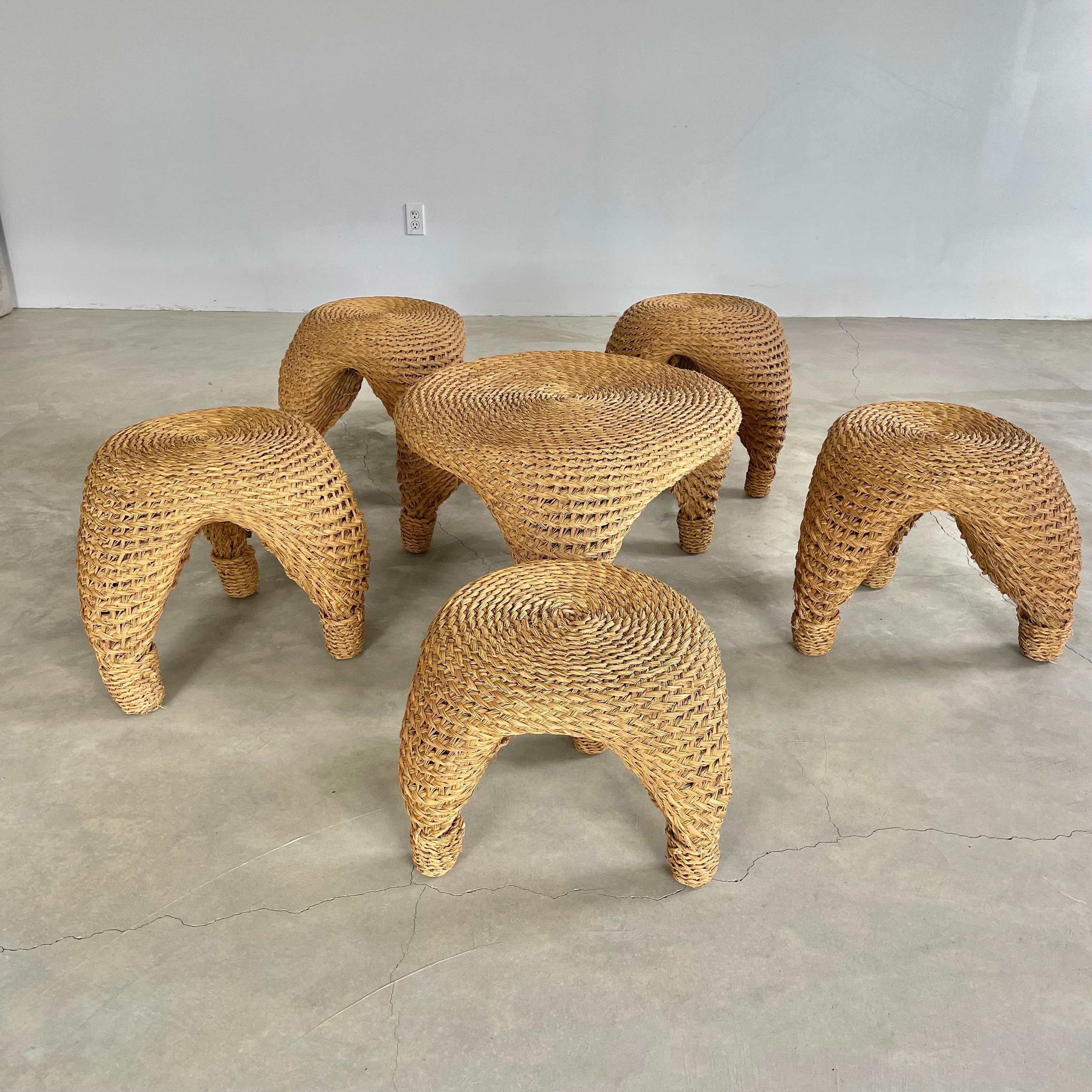 Wicker Pine Needle Table and Stools, 1980s France For Sale 3