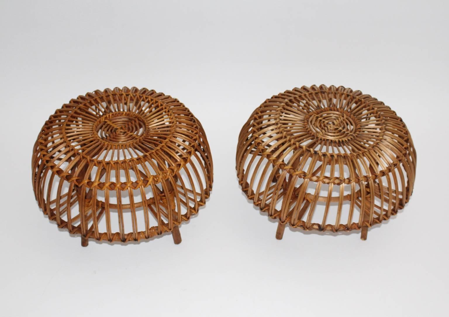 Mid-Century Modern Mid Century Modern Rattan Poufs Franco Albini Style Italy 1950s Set of Two