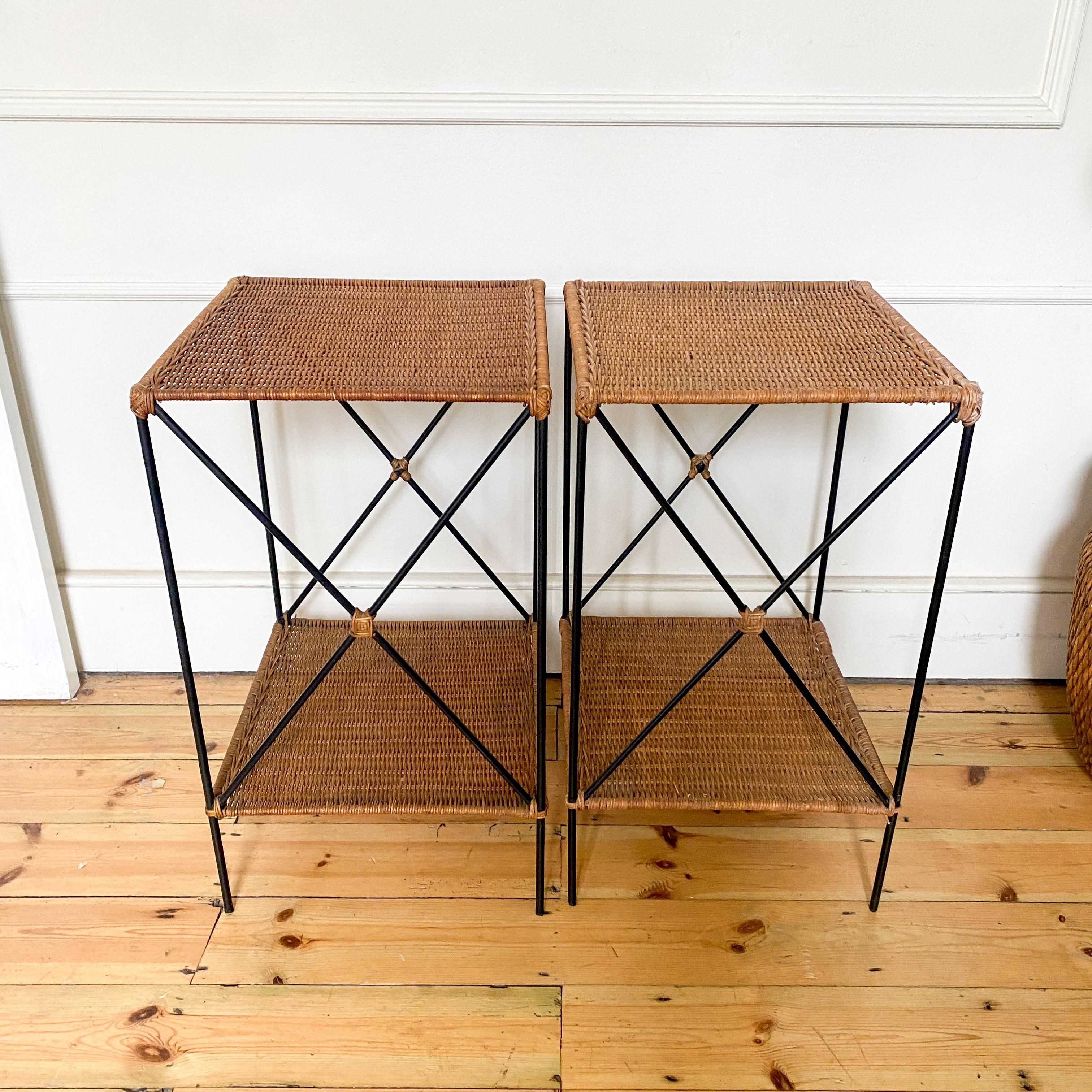 Wicker Rattan and Black Metal Side Tables With Shelf - A Condition For Sale 2