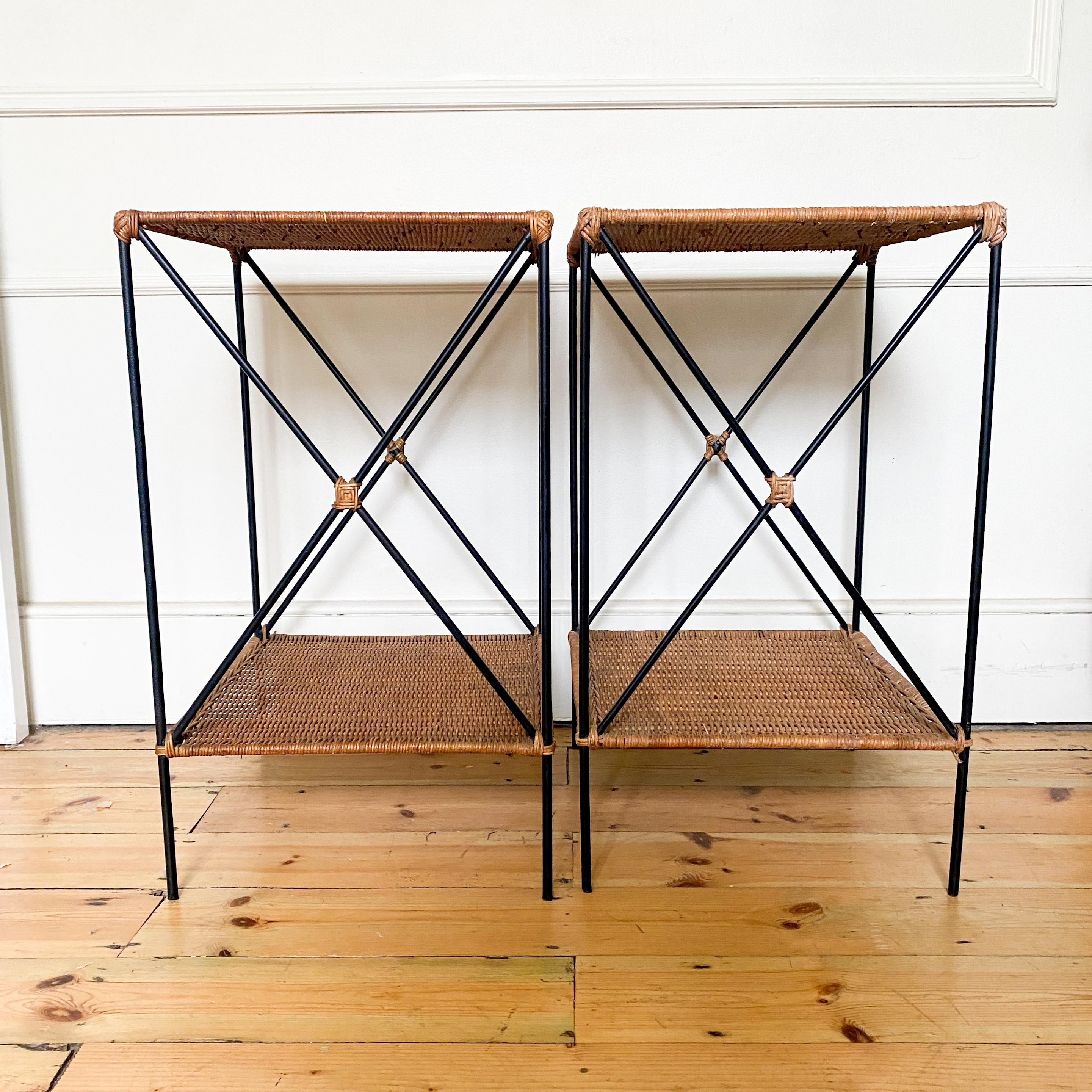 Wicker Rattan and Black Metal Side Tables With Shelf - A Condition For Sale 3