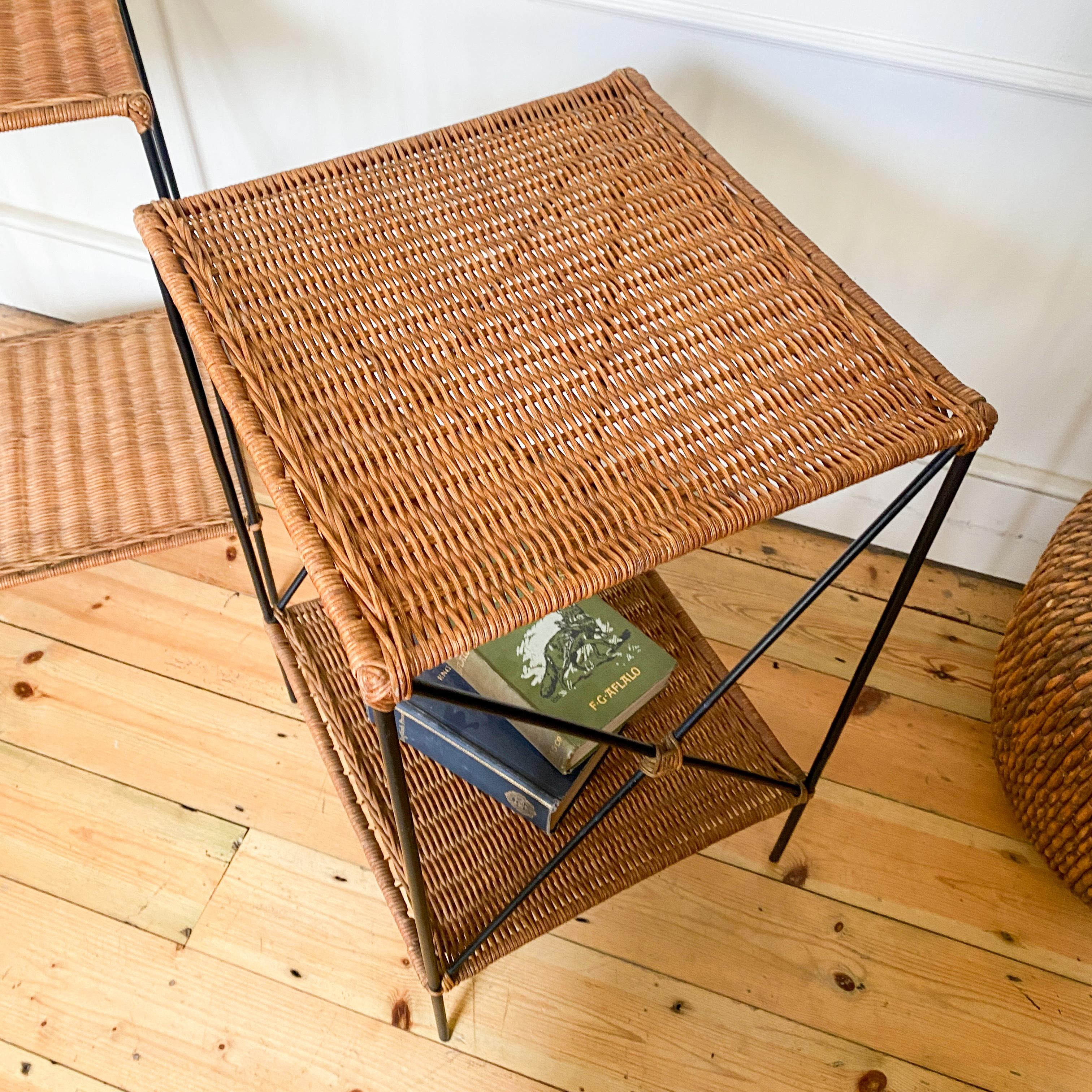 Wicker Rattan and Black Metal Side Tables With Shelf - A Condition For Sale 4