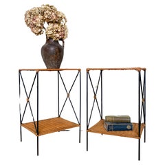 Wicker Rattan and Black Metal Side Tables With Shelf - A Condition