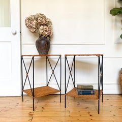 Wicker Rattan and Black Metal Side Tables With Shelf - B Condition