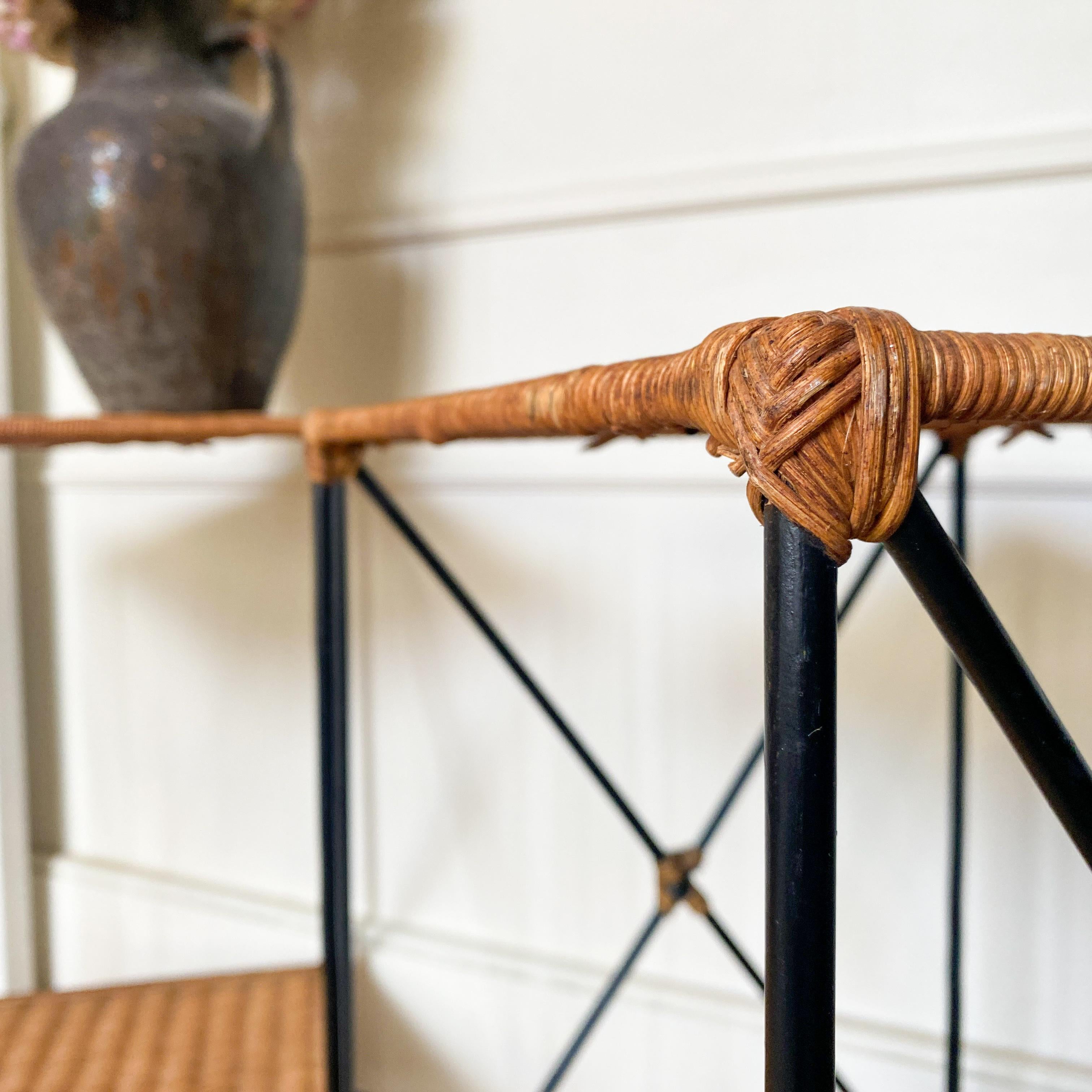 20th Century Wicker Rattan and Black Metal Side Tables With Shelf - B Condition For Sale