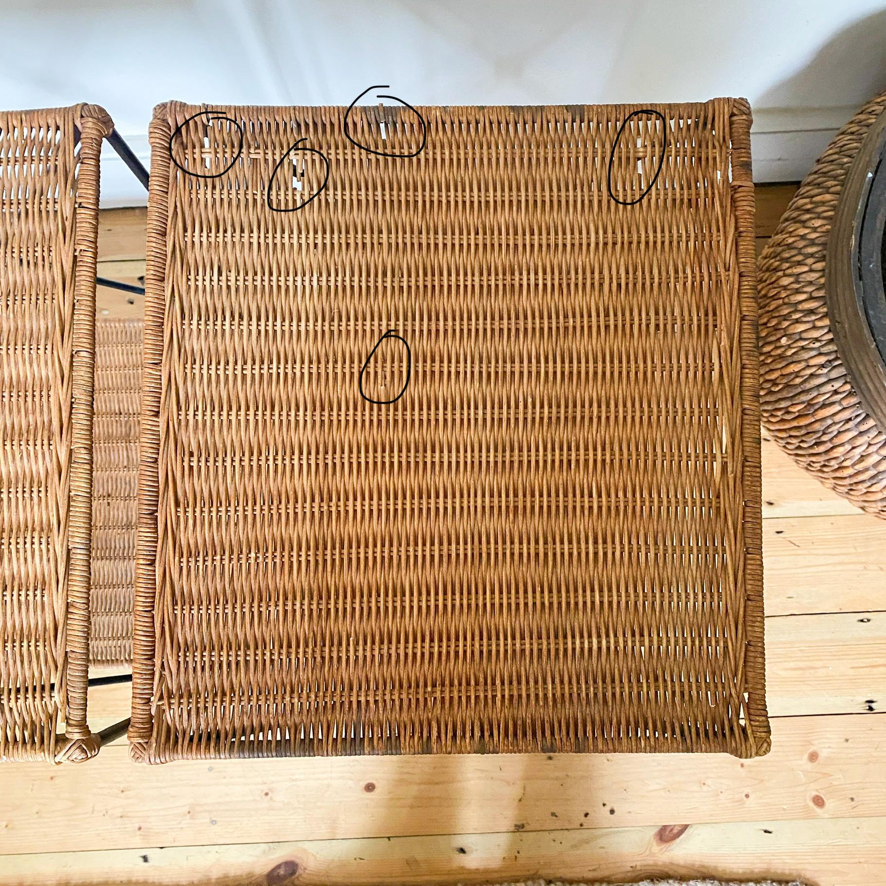 Wicker Rattan and Black Metal Side Tables With Shelf - B Condition For Sale 2