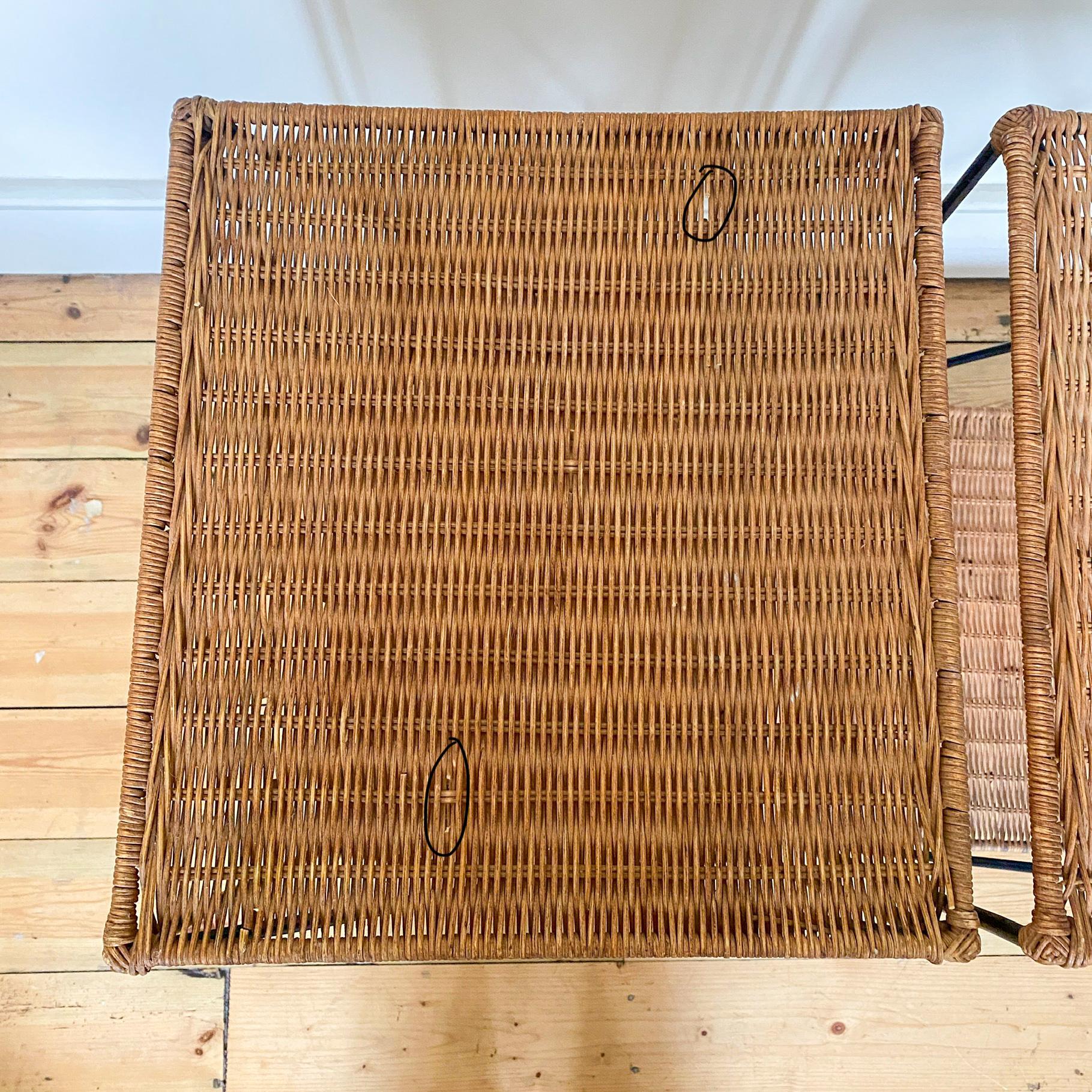 Wicker Rattan and Black Metal Side Tables With Shelf - B Condition For Sale 3