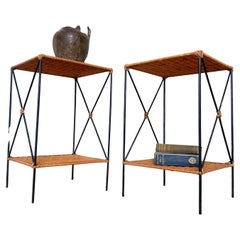 Wicker Rattan and Black Metal Side Tables With Shelf - B Condition