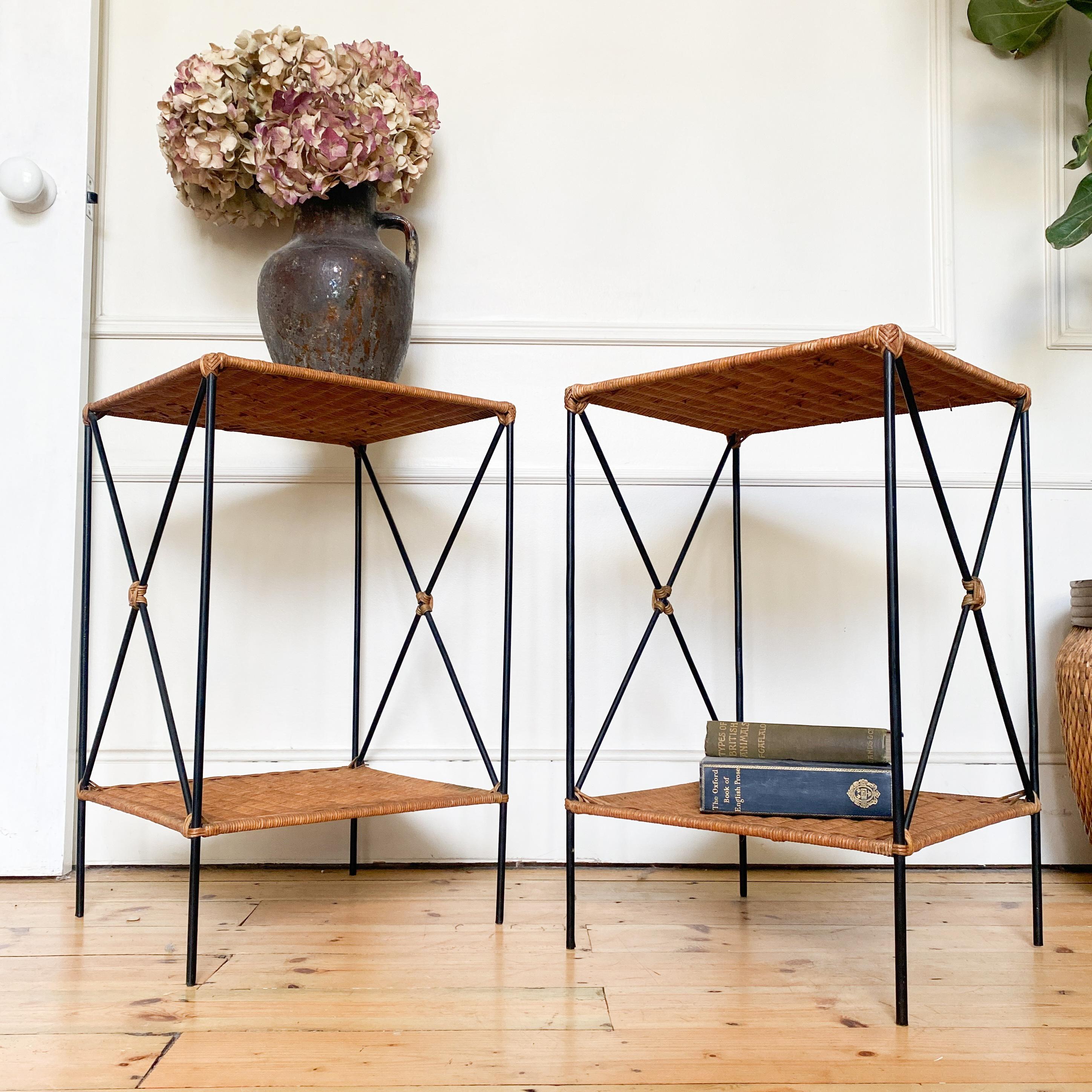 Elevate your home decor with these stylish Wicker Rattan and Black Metal Side Tables, perfect for adding a touch of natural elegance to any room. Featuring a sturdy black metal frame and a beautifully woven wicker rattan top, these side tables blend