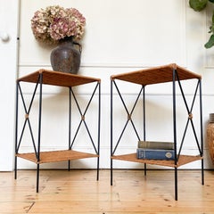 Wicker Rattan and Black Metal Side Tables With Shelf - C Condition