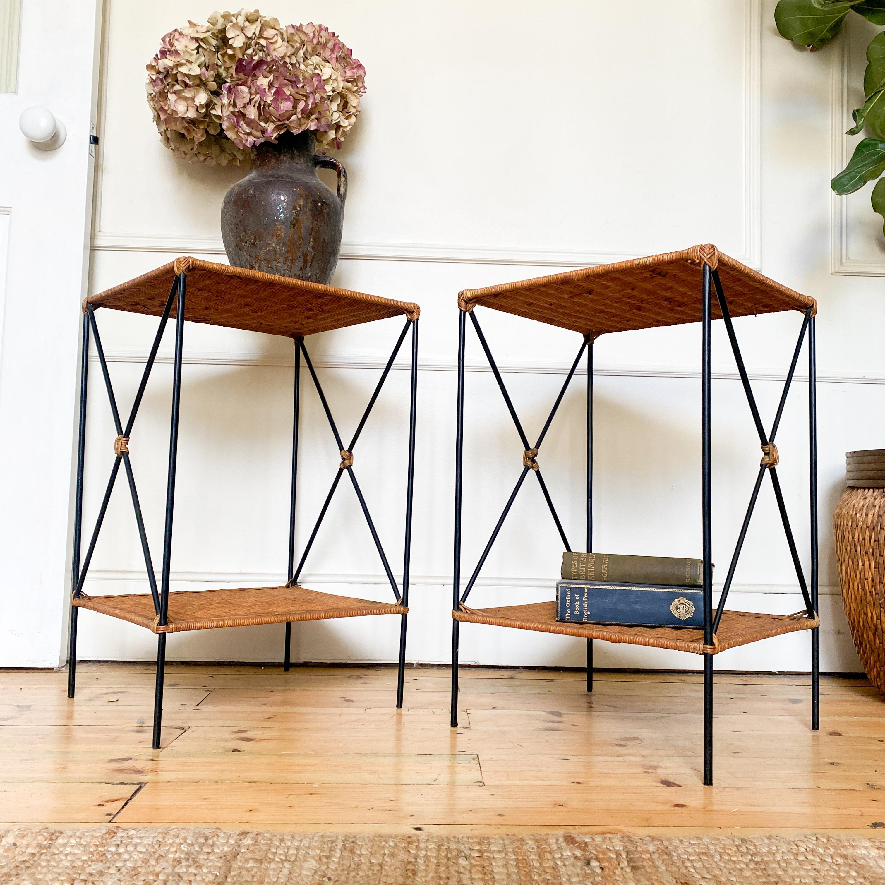 Wicker Rattan and Black Metal Side Tables With Shelf - C Condition In Good Condition For Sale In London, GB