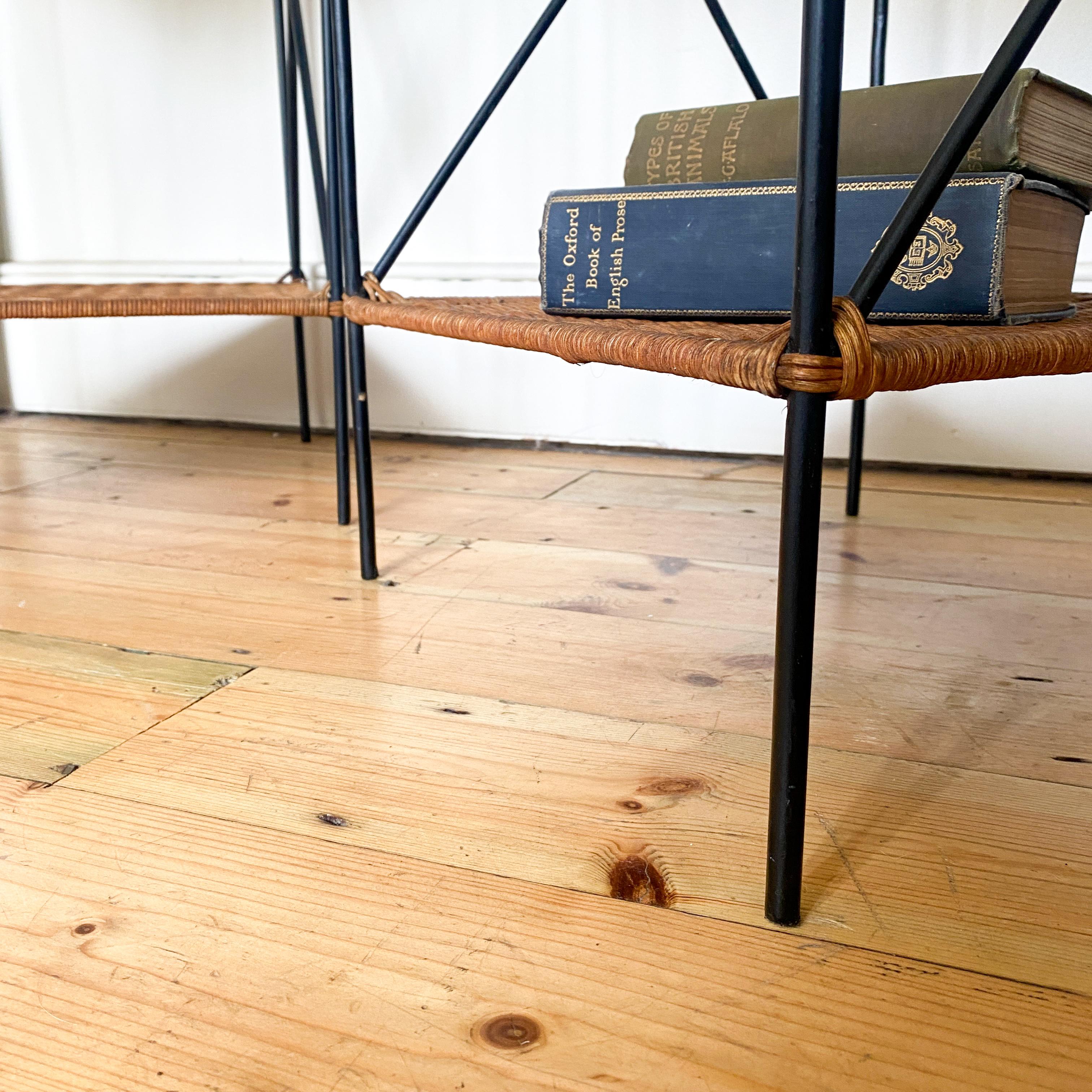 Wicker Rattan and Black Metal Side Tables With Shelf - C Condition For Sale 2