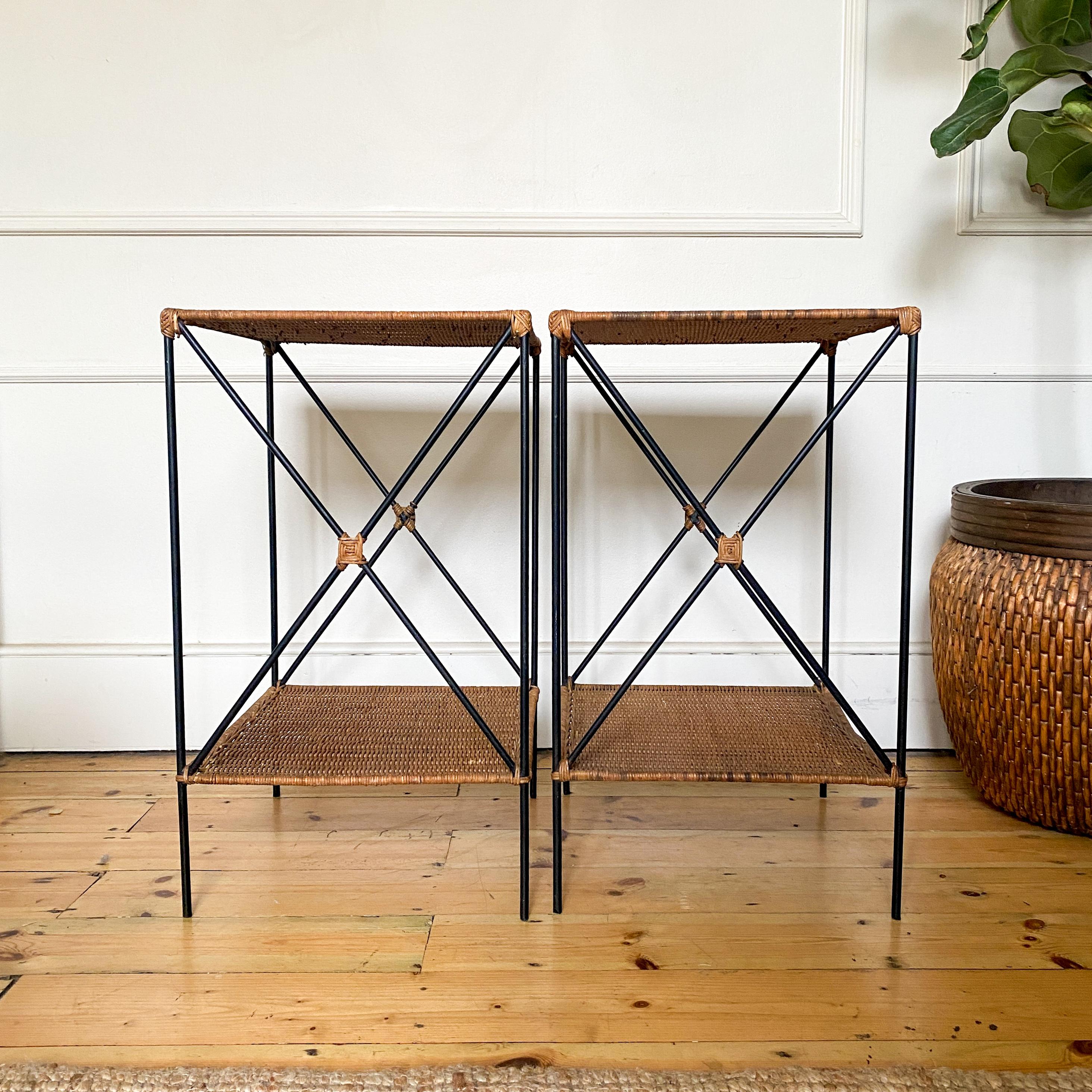 Wicker Rattan and Black Metal Side Tables With Shelf - C Condition For Sale 3