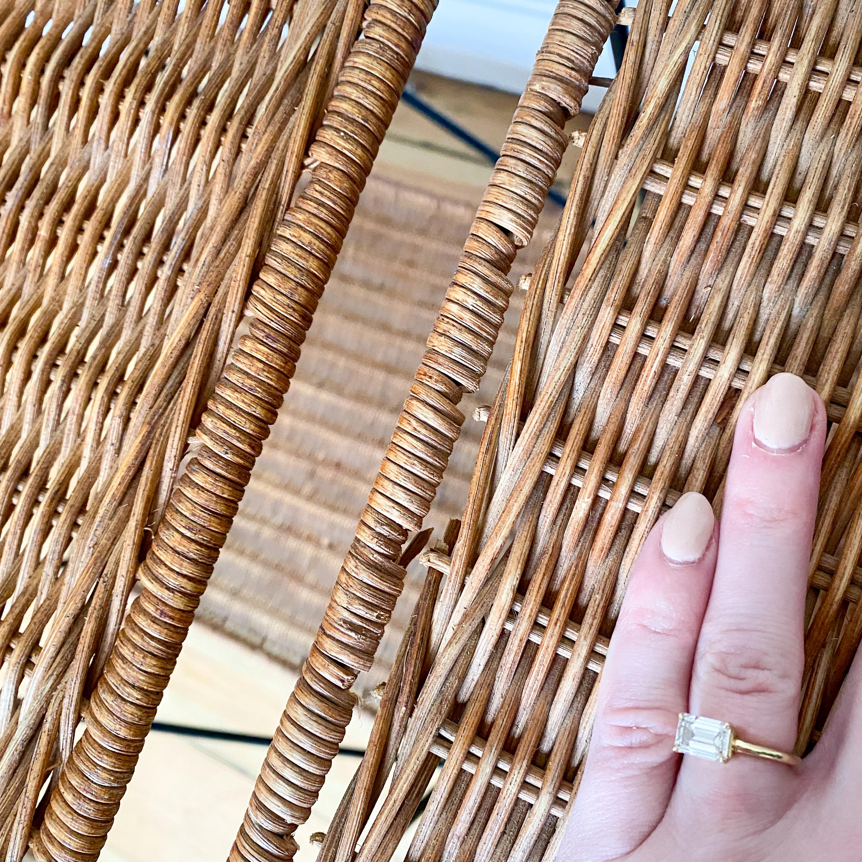 Wicker Rattan and Black Metal Side Tables With Shelf - C Condition For Sale 4
