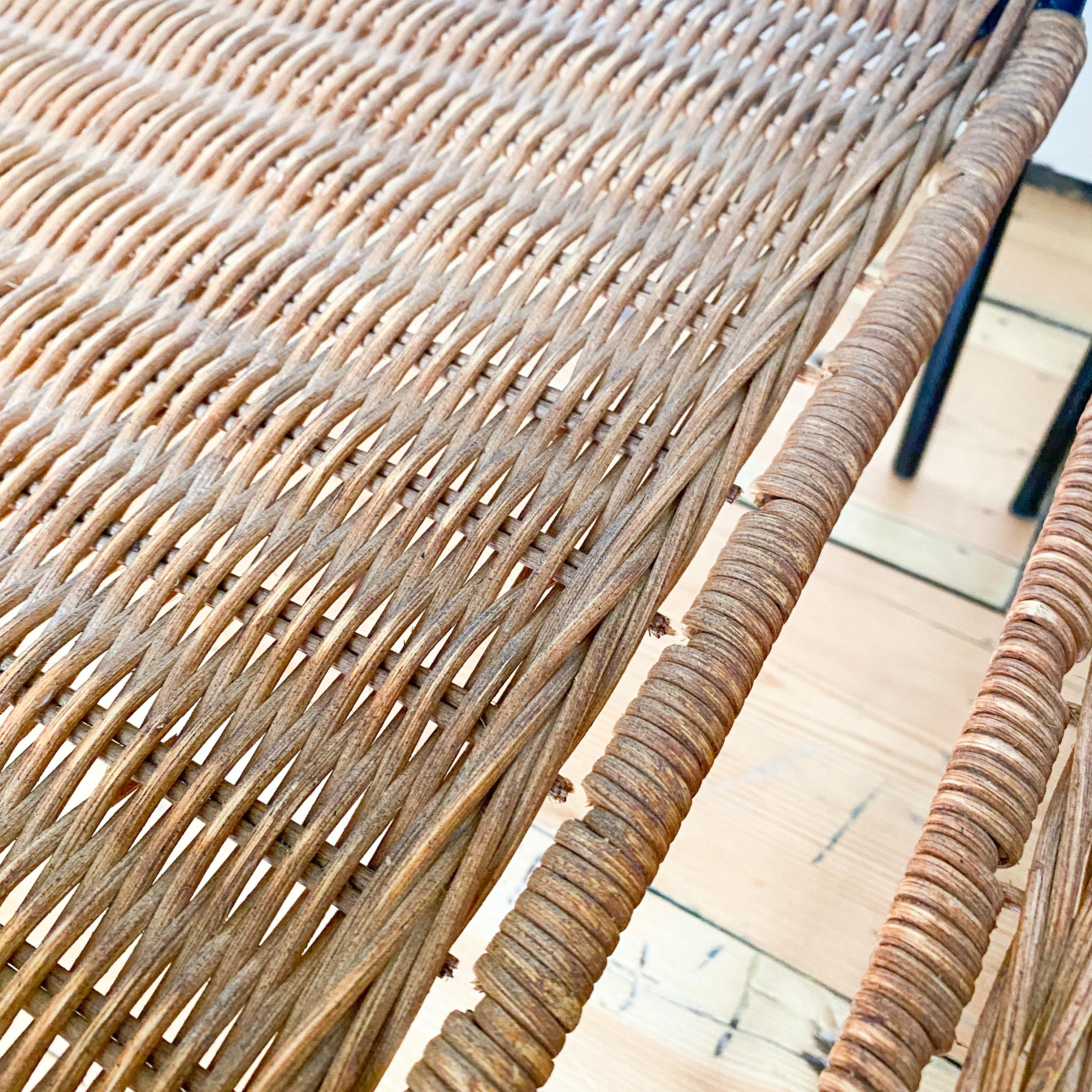 Wicker Rattan and Black Metal Side Tables With Shelf - C Condition For Sale 5