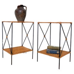 Vintage Wicker Rattan and Black Metal Side Tables With Shelf - C Condition